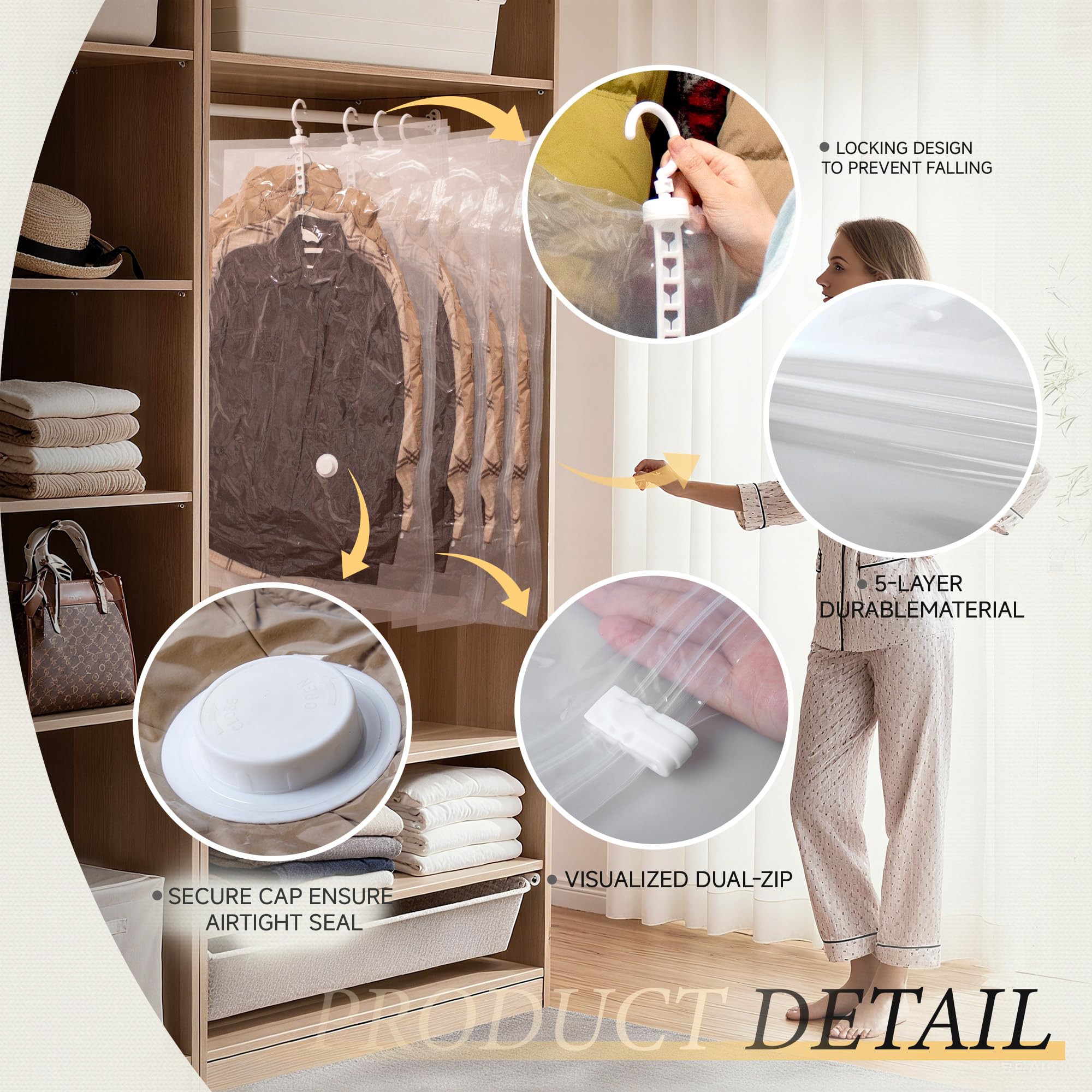 Hanging Vacuum Storage Bags,Hanging Vacuum Sealer Storage Space Saver Bags for Clothes, Suits, Coats, Dresses, Jackets, Reusable Compressed Vacuum Bags Closet Organizers,5 Pack(3 Long,2 Short)