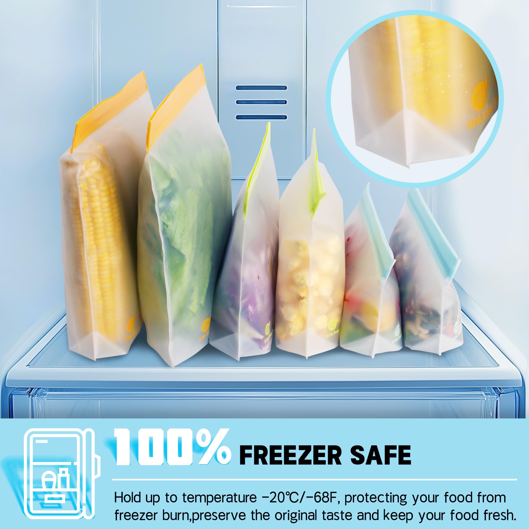 20 Pack Reusable Food Storage Bags, BPA-Free Stand up Sandwich Bags for Lunch, Fruit, Salad