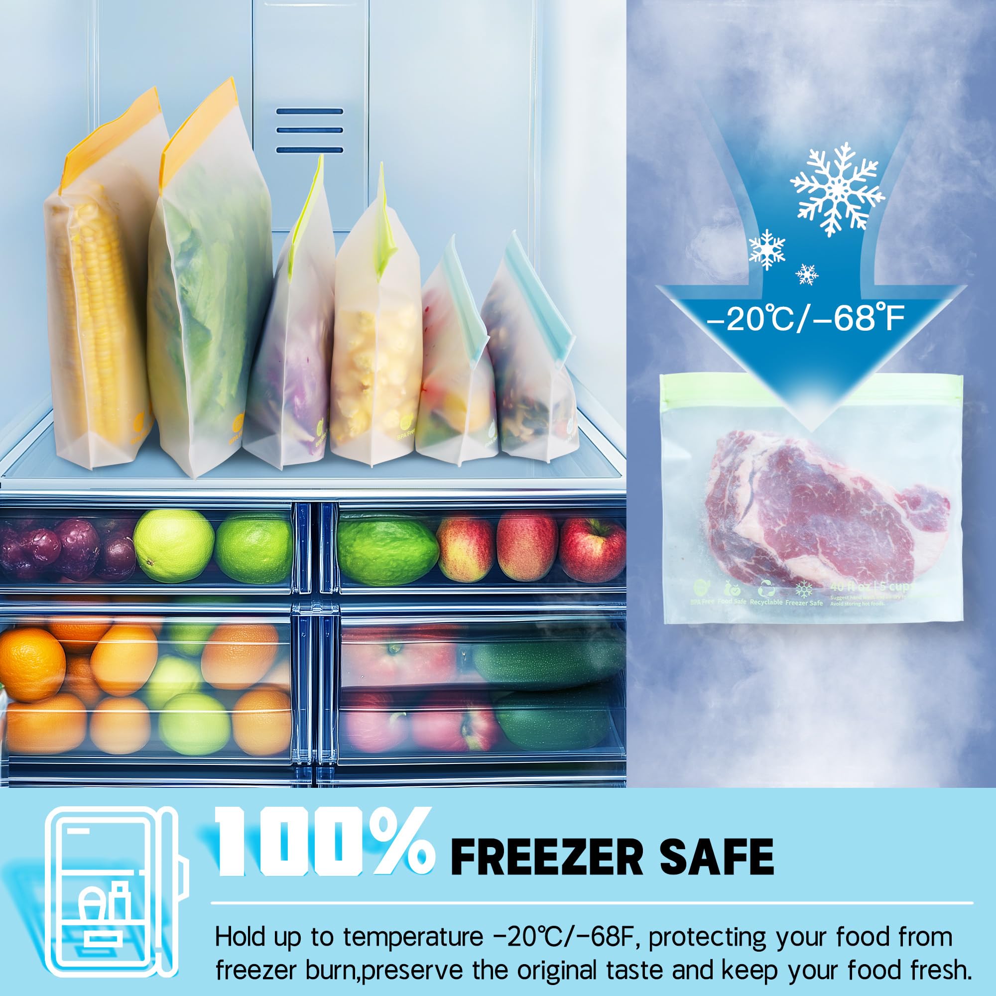 26 Pack Reusable Food Storage Bags, Leakproof & BPA-Free,Stand up Sandwich Bags for Lunch