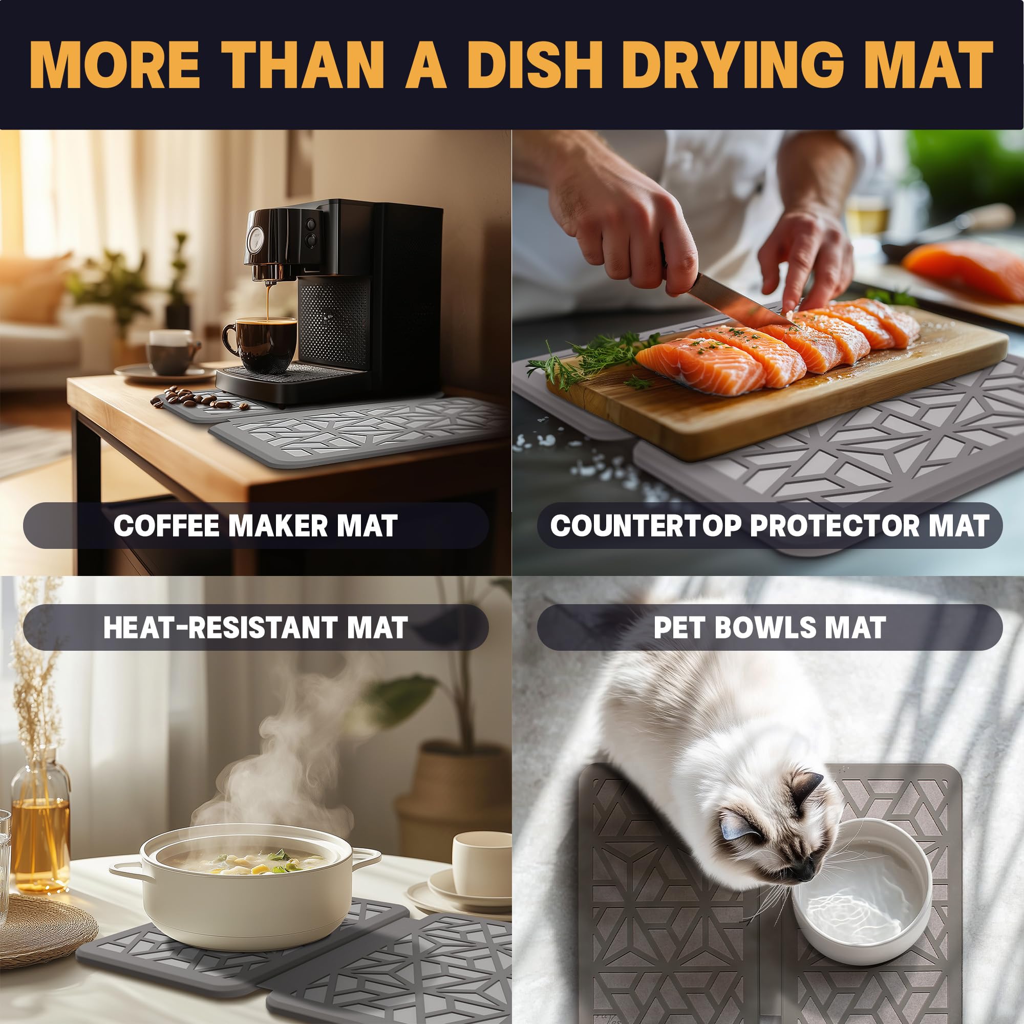 FaRest Stone Dish Drying Mat with Silicone Webbing, Quick-Dry Foldable Kitchen Pad, Light Grey