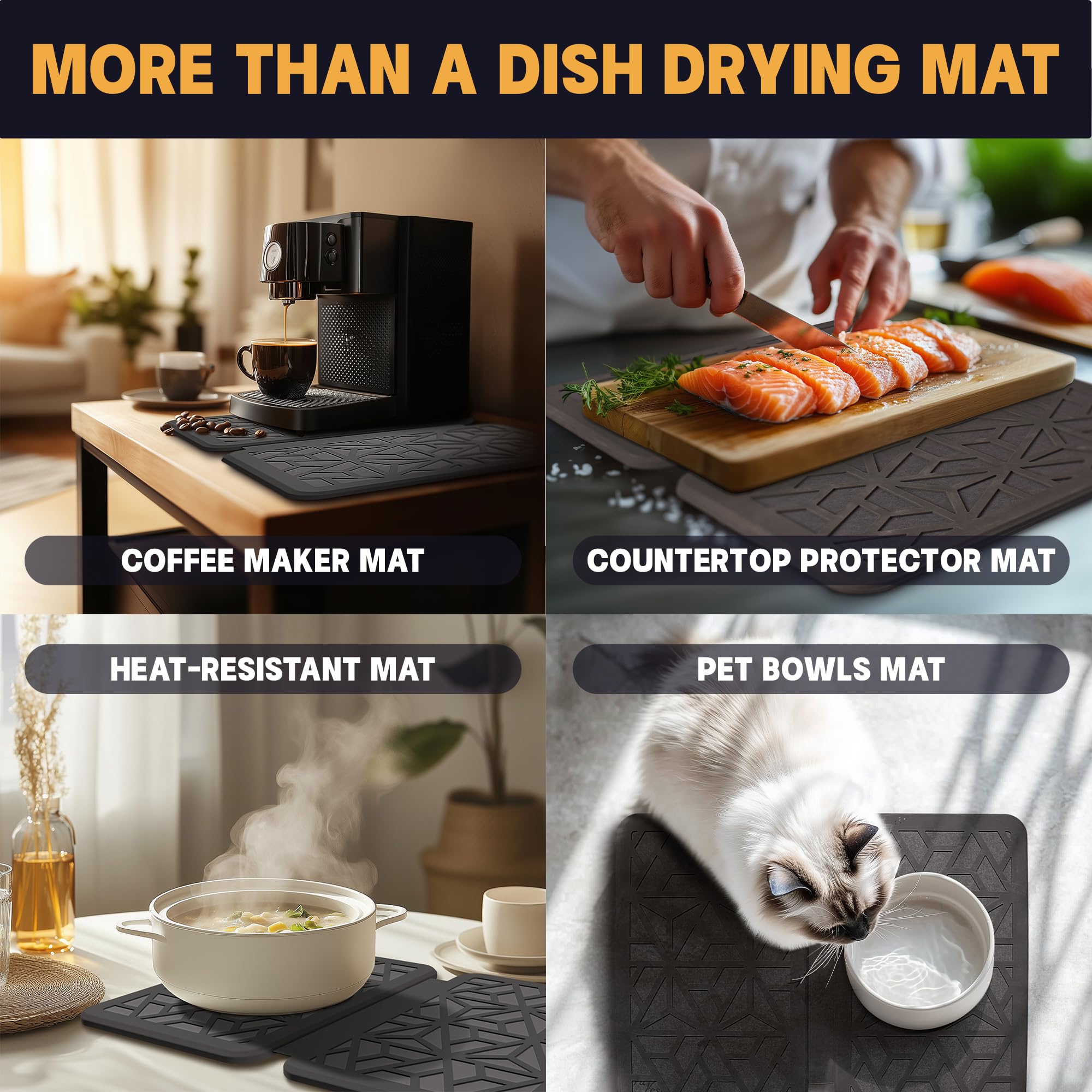 Farest Stone Dish Drying Mat, Quick Drying Foldable Kitchen Pad with Silicone Webbing,Grey