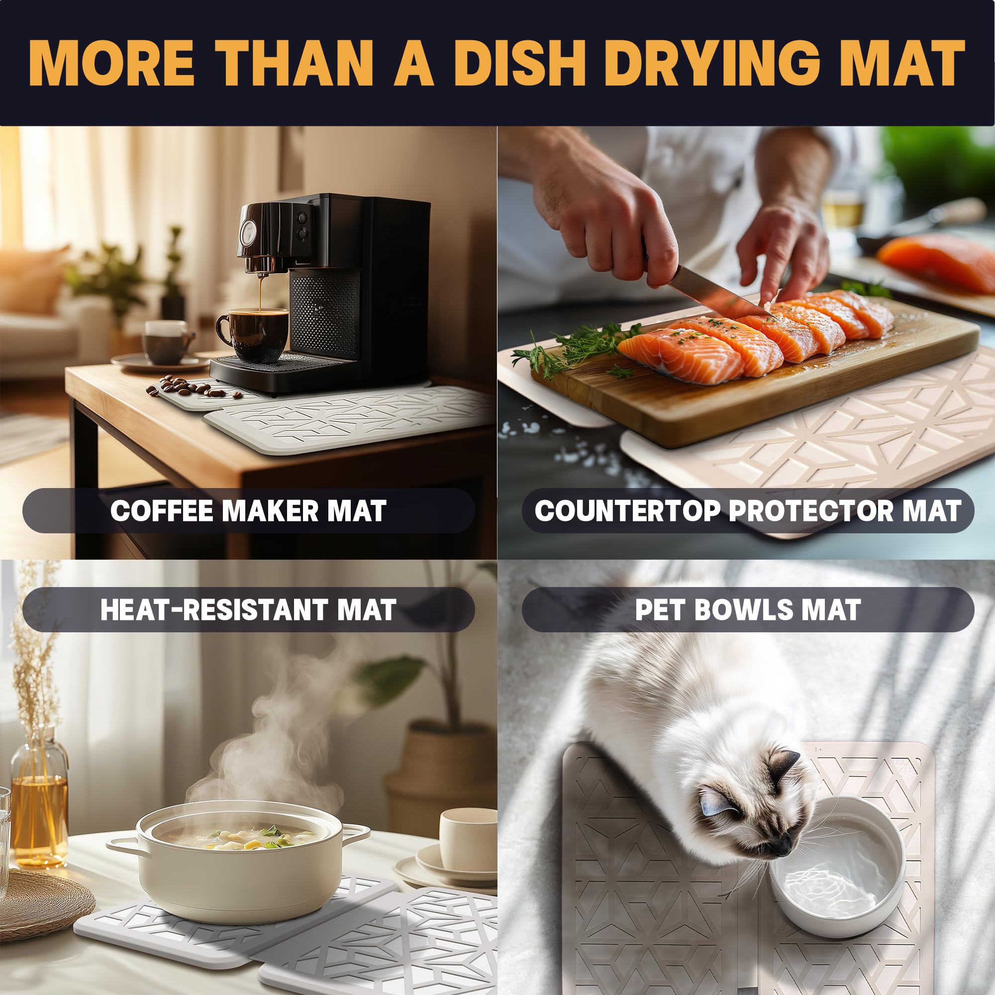 FaRest Stone Dish Drying Mat, Quick-Drying Foldable Kitchen Pad with Silicone Webbing, Beige