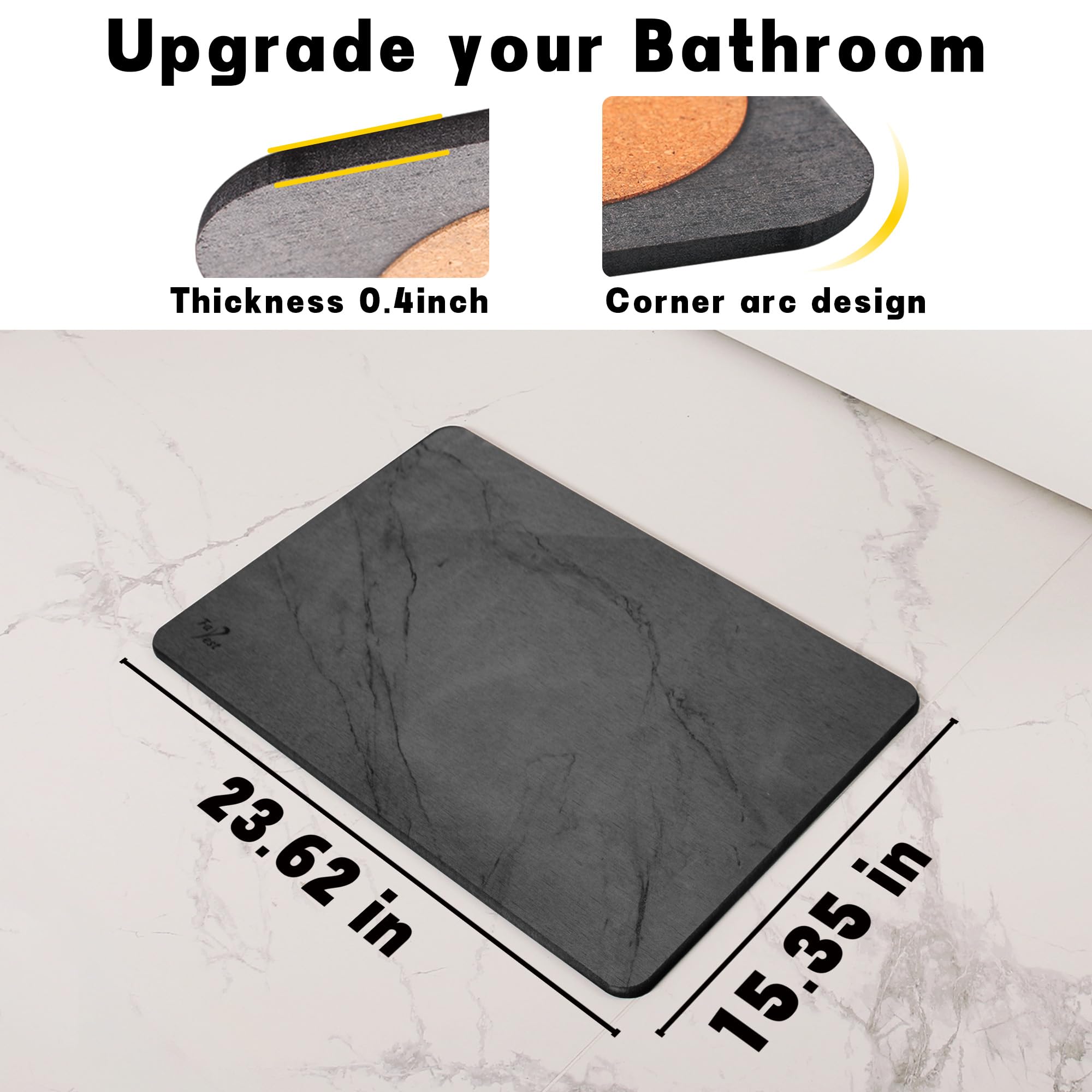 Stone Bath Mat, Diatomaceous Earth Fast-Drying & Absorbent Shower Mat, Non-Slip Diatomite Bathroom Floor Mat for Bathtub, Grey Marble