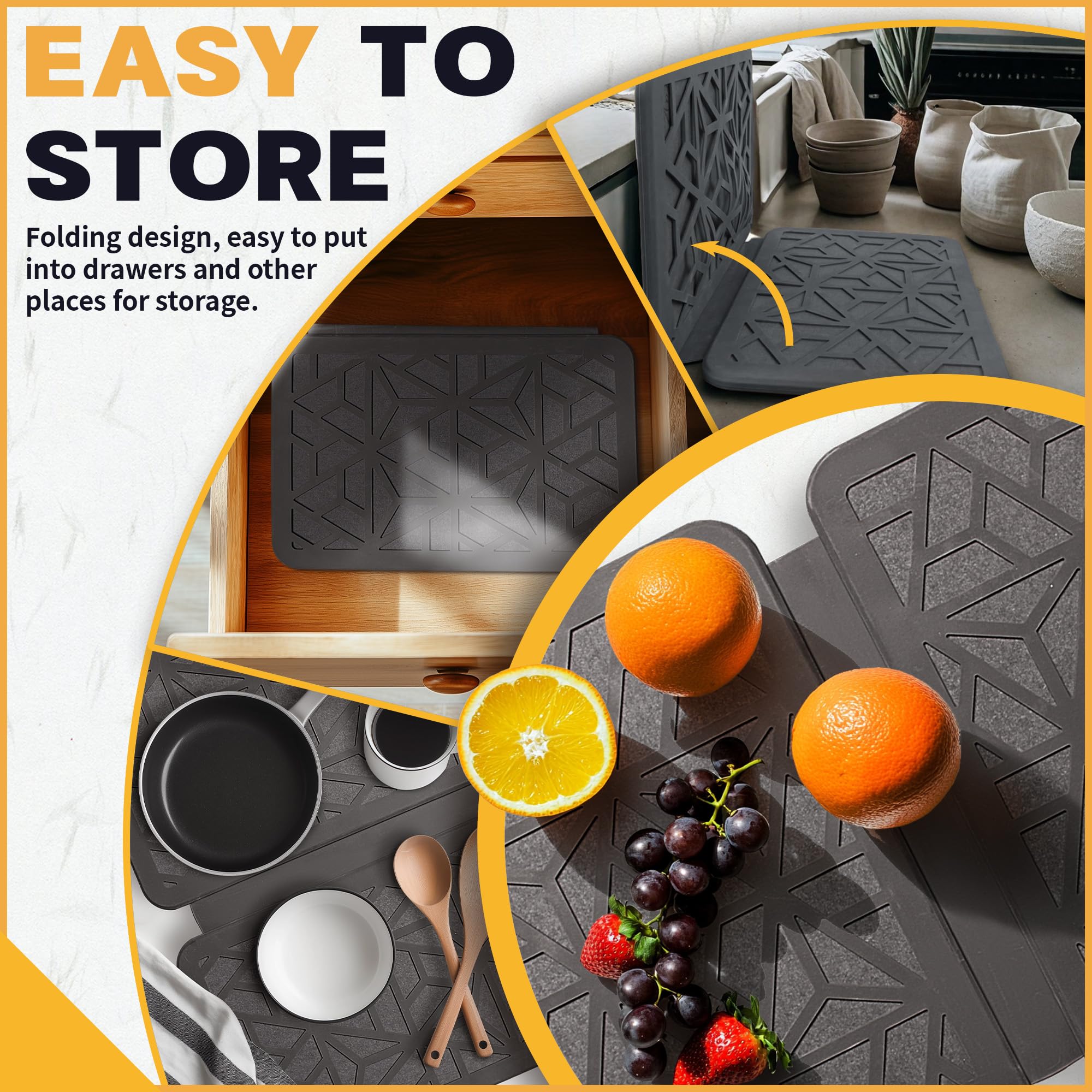 Farest Stone Dish Drying Mat, Quick Drying Foldable Kitchen Pad with Silicone Webbing,Grey