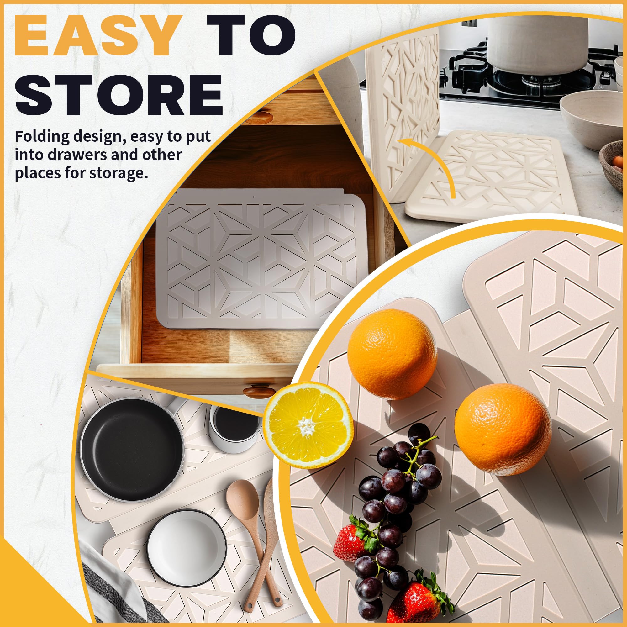 FaRest Stone Dish Drying Mat, Quick-Drying Foldable Kitchen Pad with Silicone Webbing, Beige