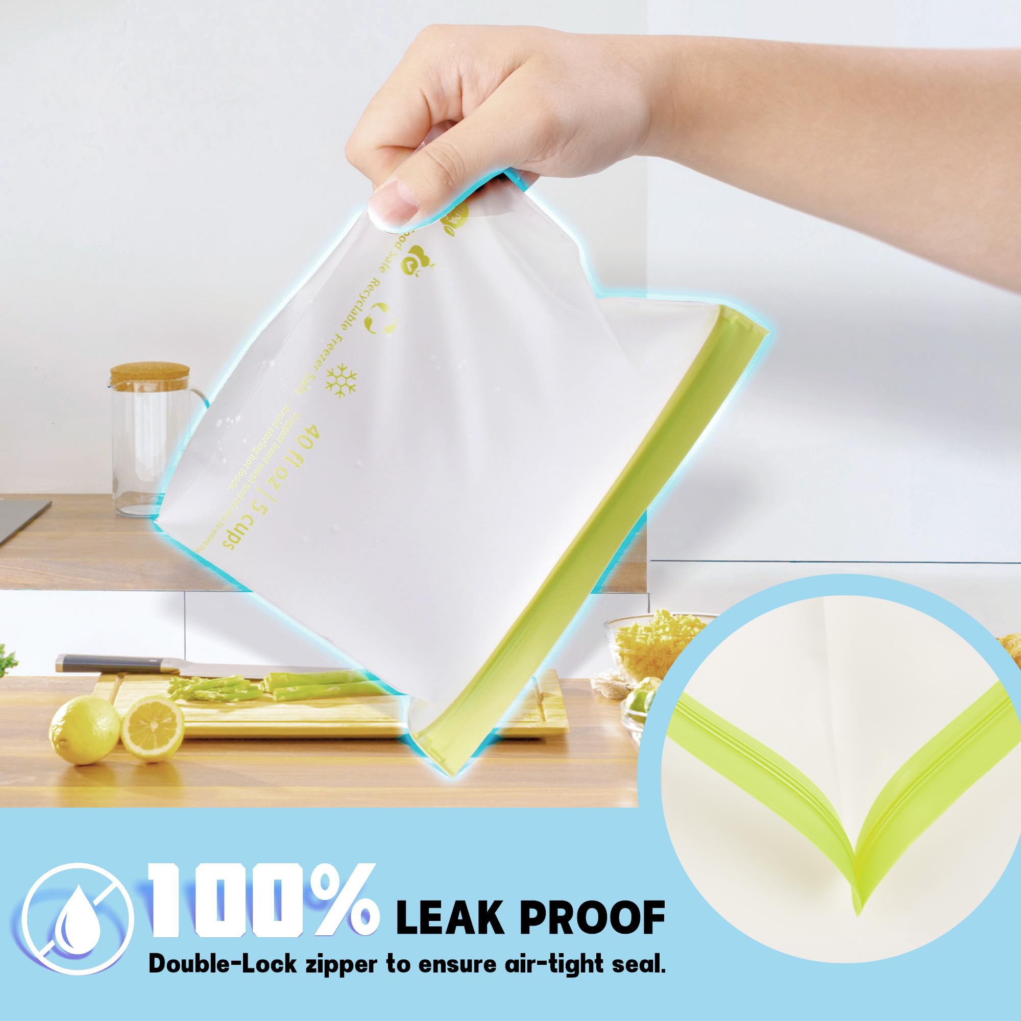 20 Pack Reusable Food Storage Bags, BPA-Free Stand up Sandwich Bags for Lunch, Fruit, Salad