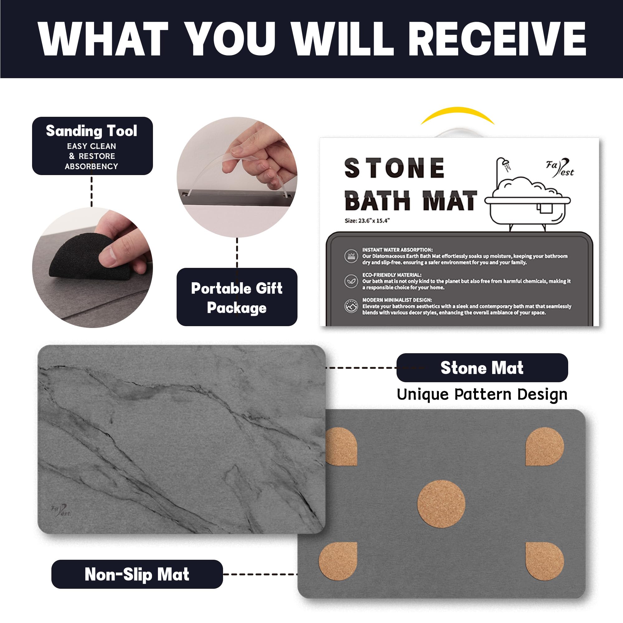 Stone Bath Mat, Diatomaceous Earth Fast-Drying & Absorbent Shower Mat, Non-Slip Diatomite Bathroom Floor Mat for Bathtub, Grey Marble