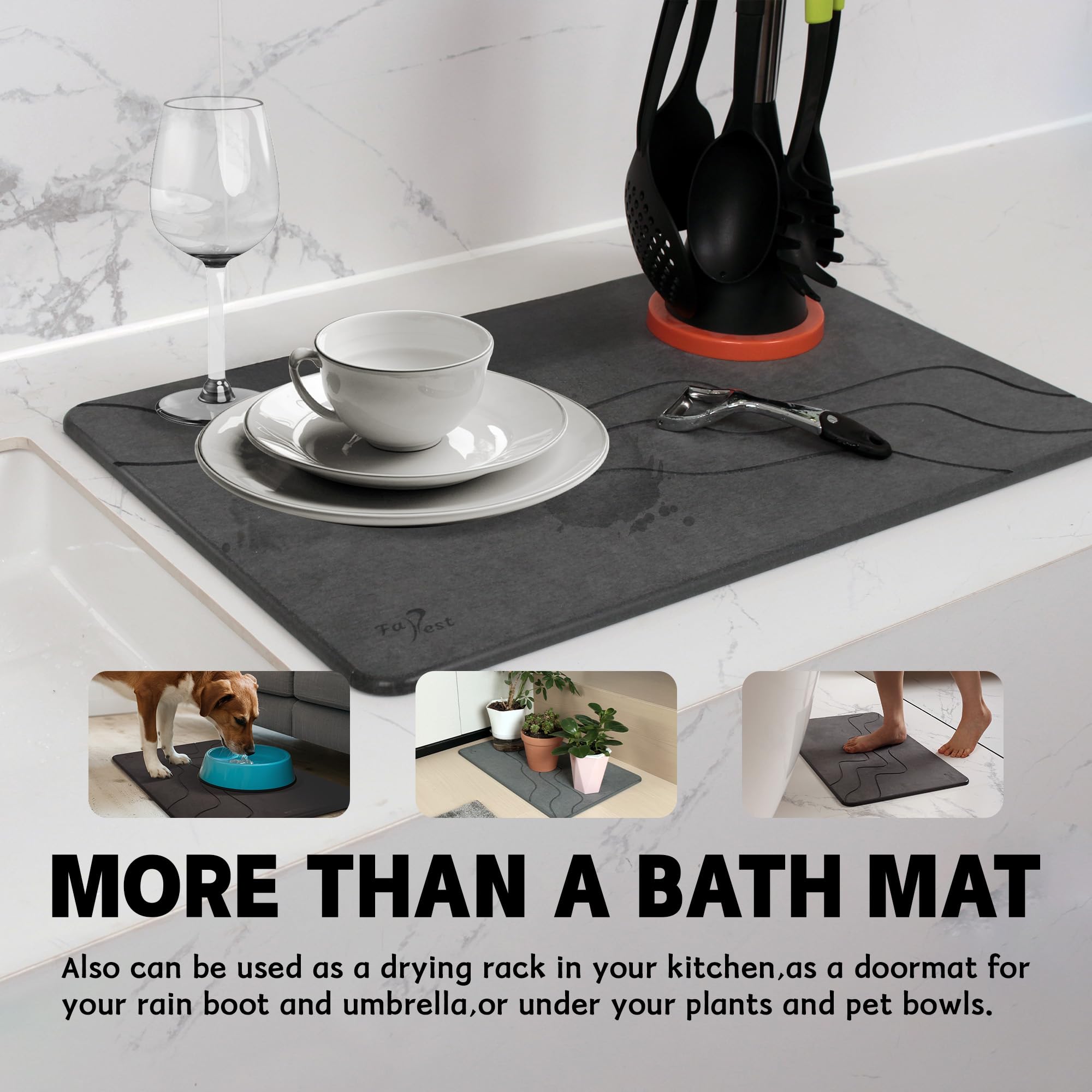 FaRest Grey Wave Stone Diatomite Bath Mat, Fast-Drying and Absorbent, 2 Pack
