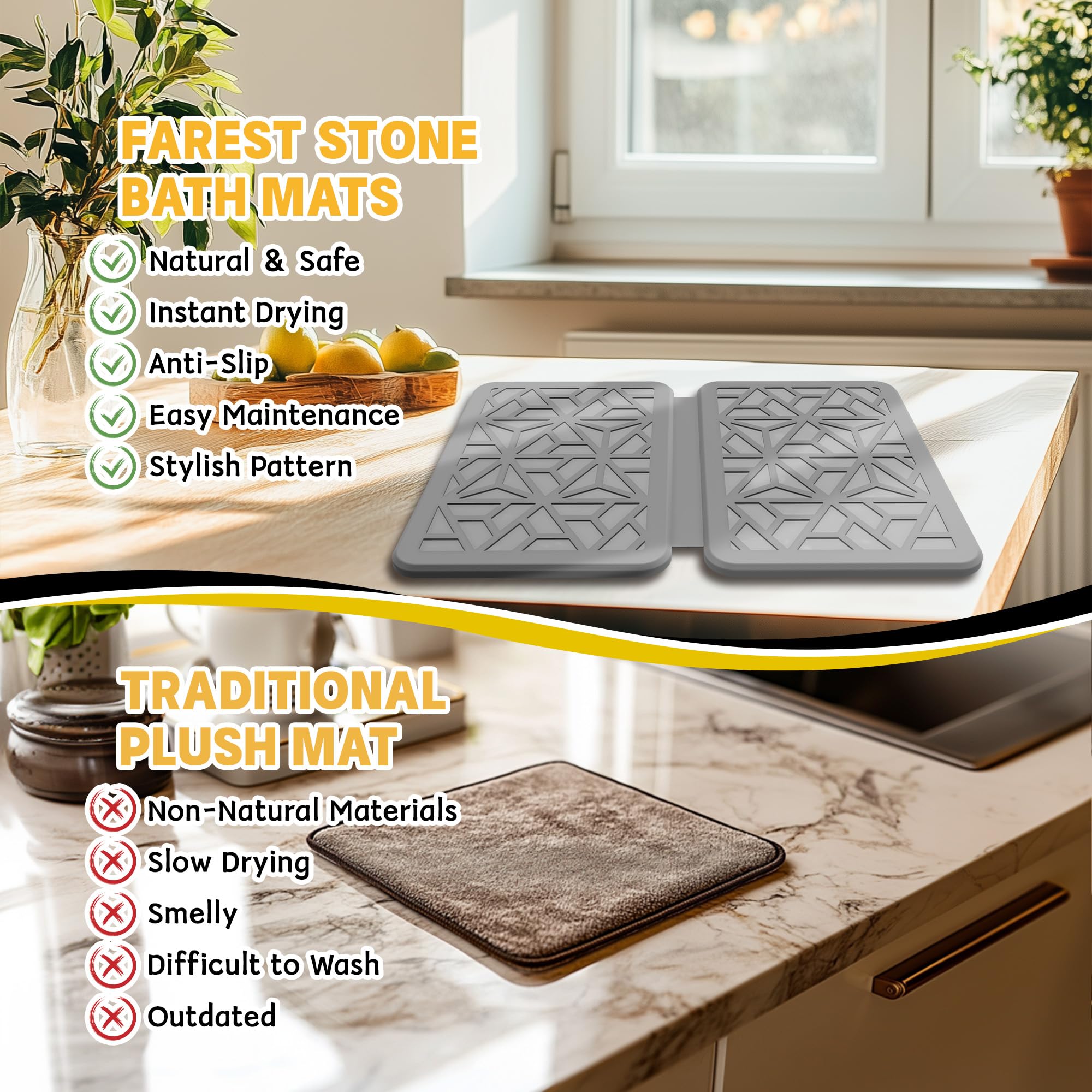 FaRest Stone Dish Drying Mat with Silicone Webbing, Quick-Dry Foldable Kitchen Pad, Light Grey