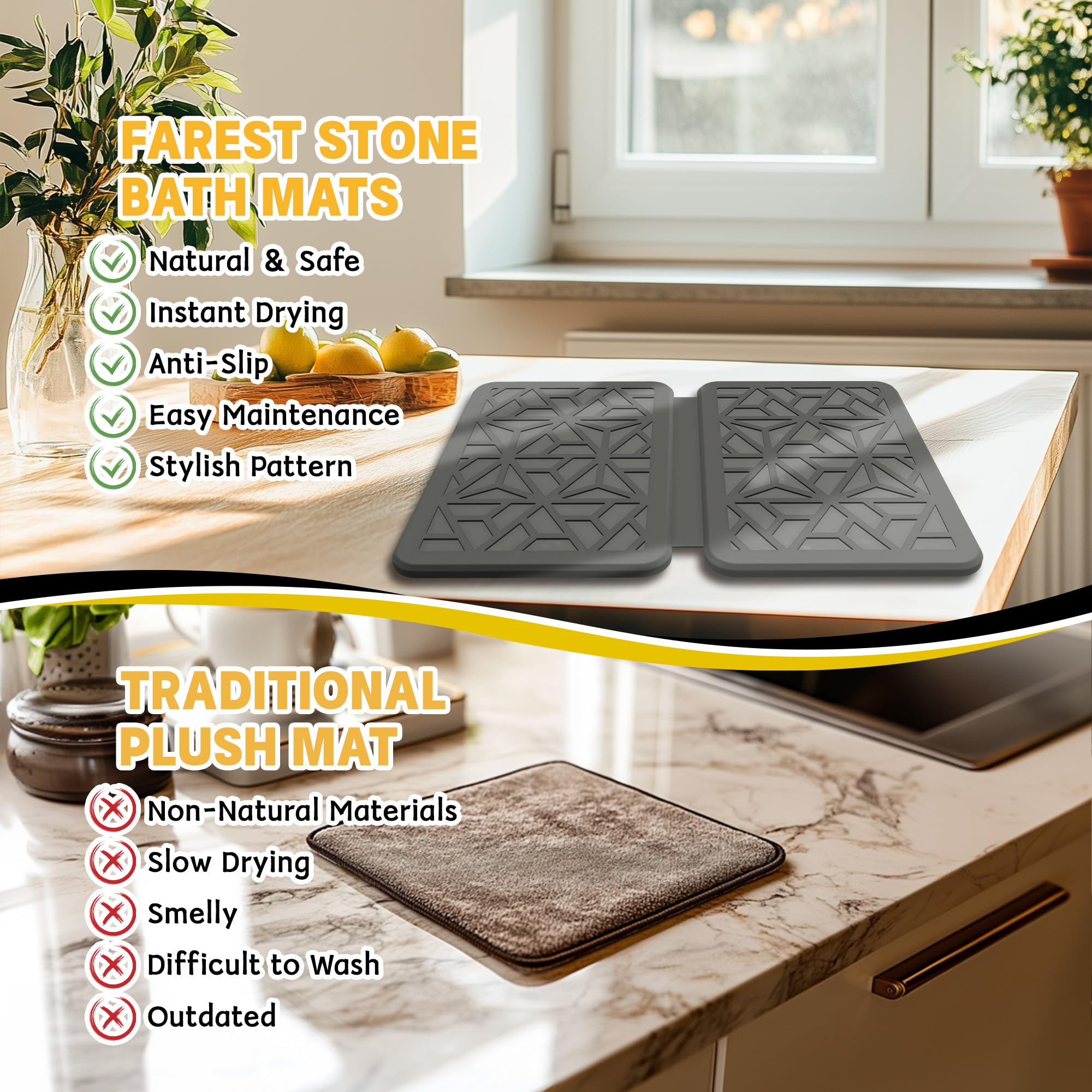Farest Stone Dish Drying Mat, Quick Drying Foldable Kitchen Pad with Silicone Webbing,Grey