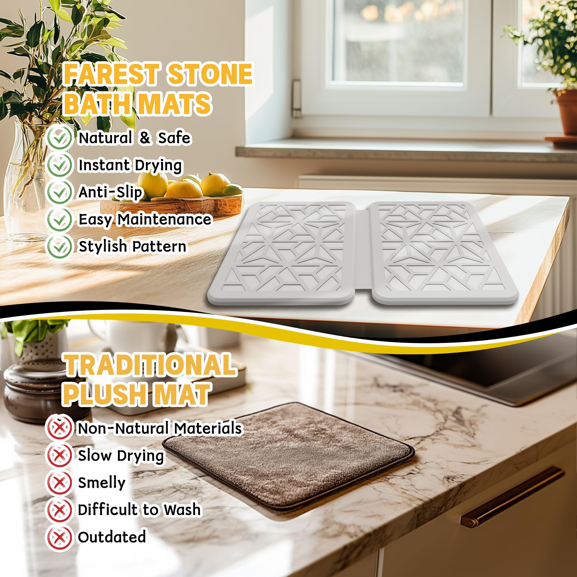 FaRest Stone Dish Drying Mat, Quick-Drying Foldable Kitchen Pad with Silicone Webbing, Beige