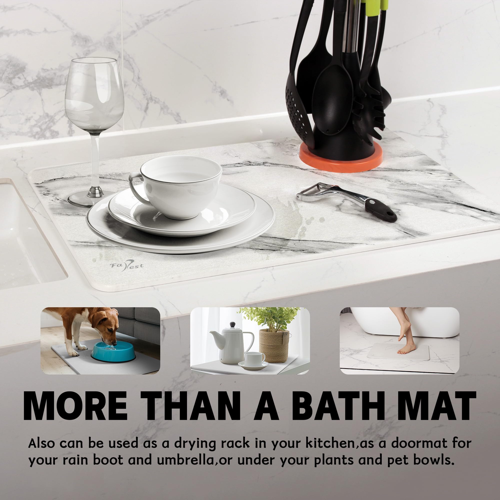 FaRest Stone Bath Mat, Diatomaceous Earth Fast-Drying Absorbent Bathroom Mat, White Marble, 2 Pack