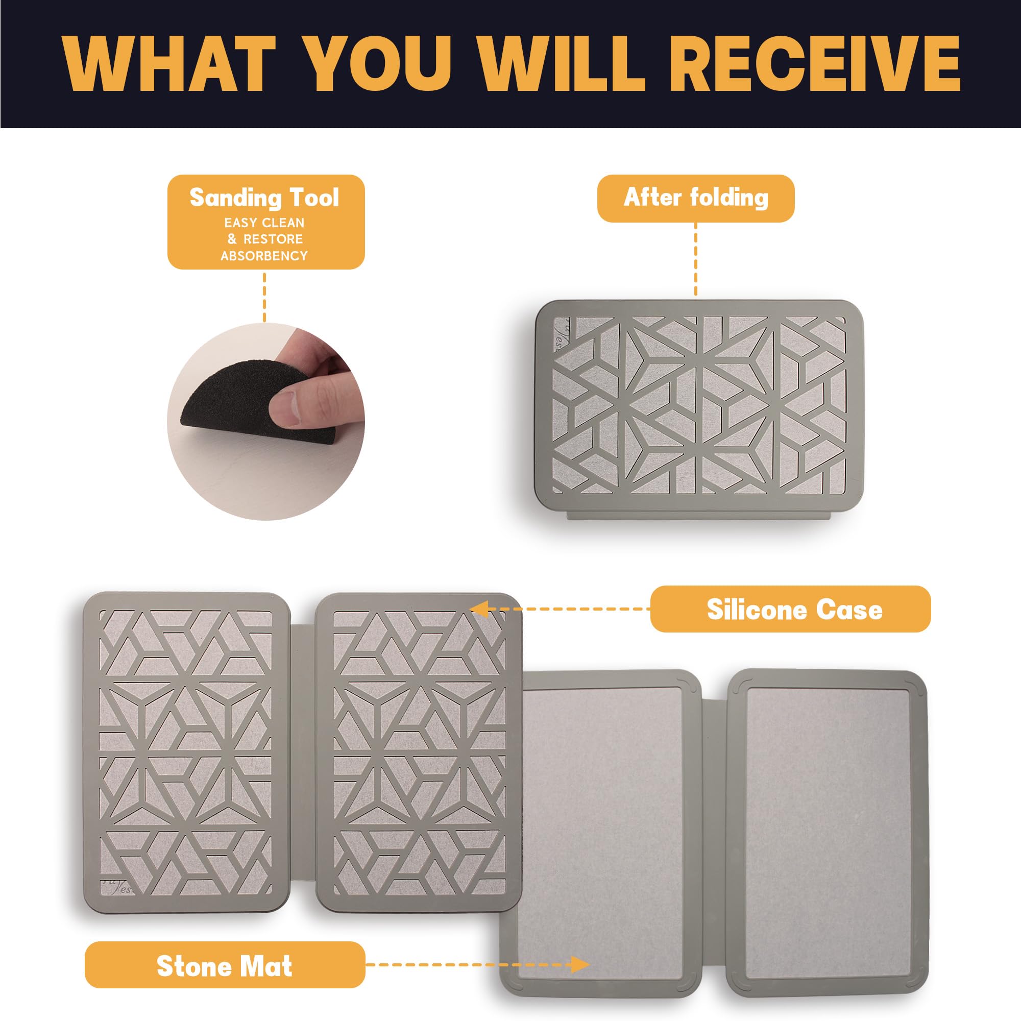 FaRest Stone Dish Drying Mat with Silicone Webbing, Quick-Dry Foldable Kitchen Pad, Light Grey