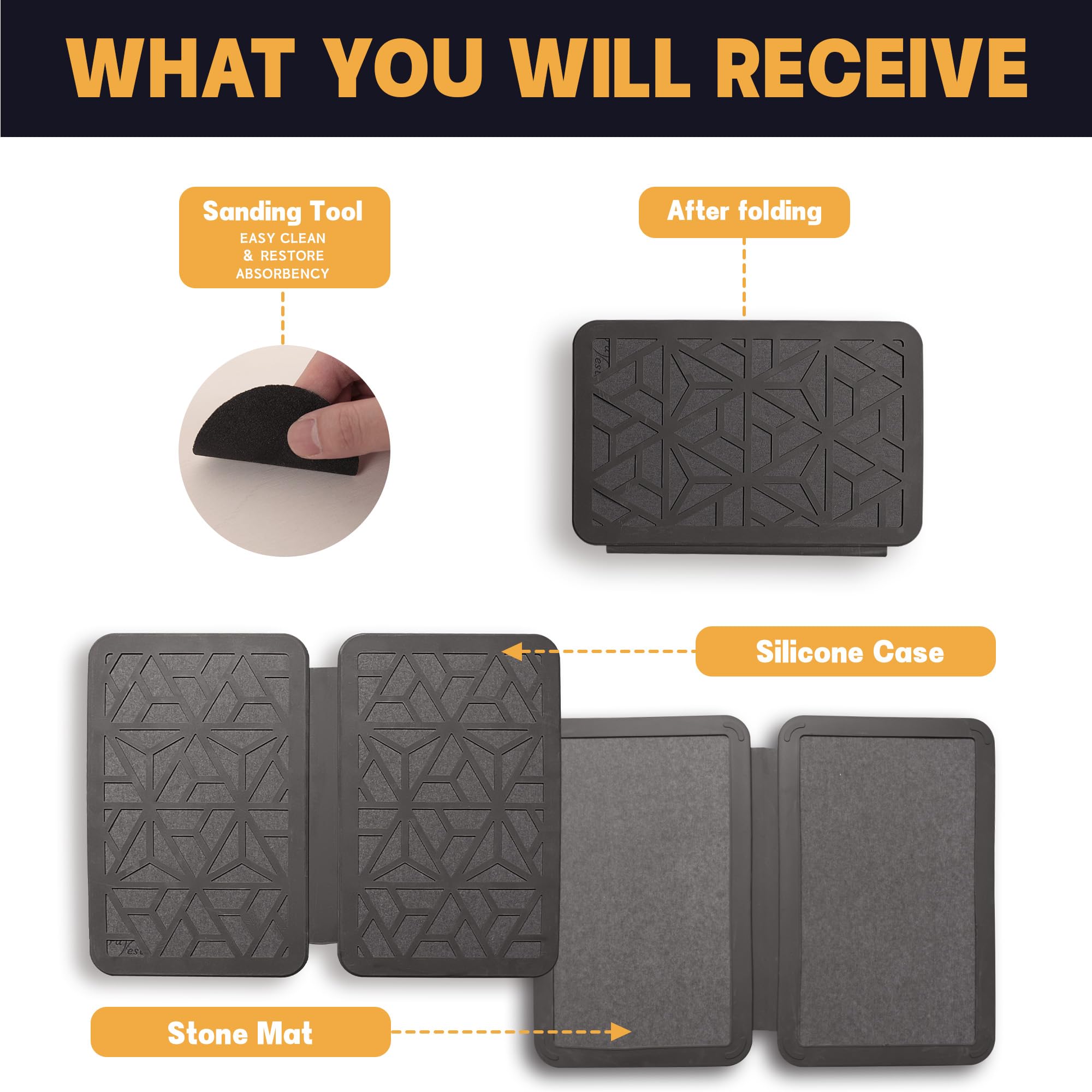 Farest Stone Dish Drying Mat, Quick Drying Foldable Kitchen Pad with Silicone Webbing,Grey