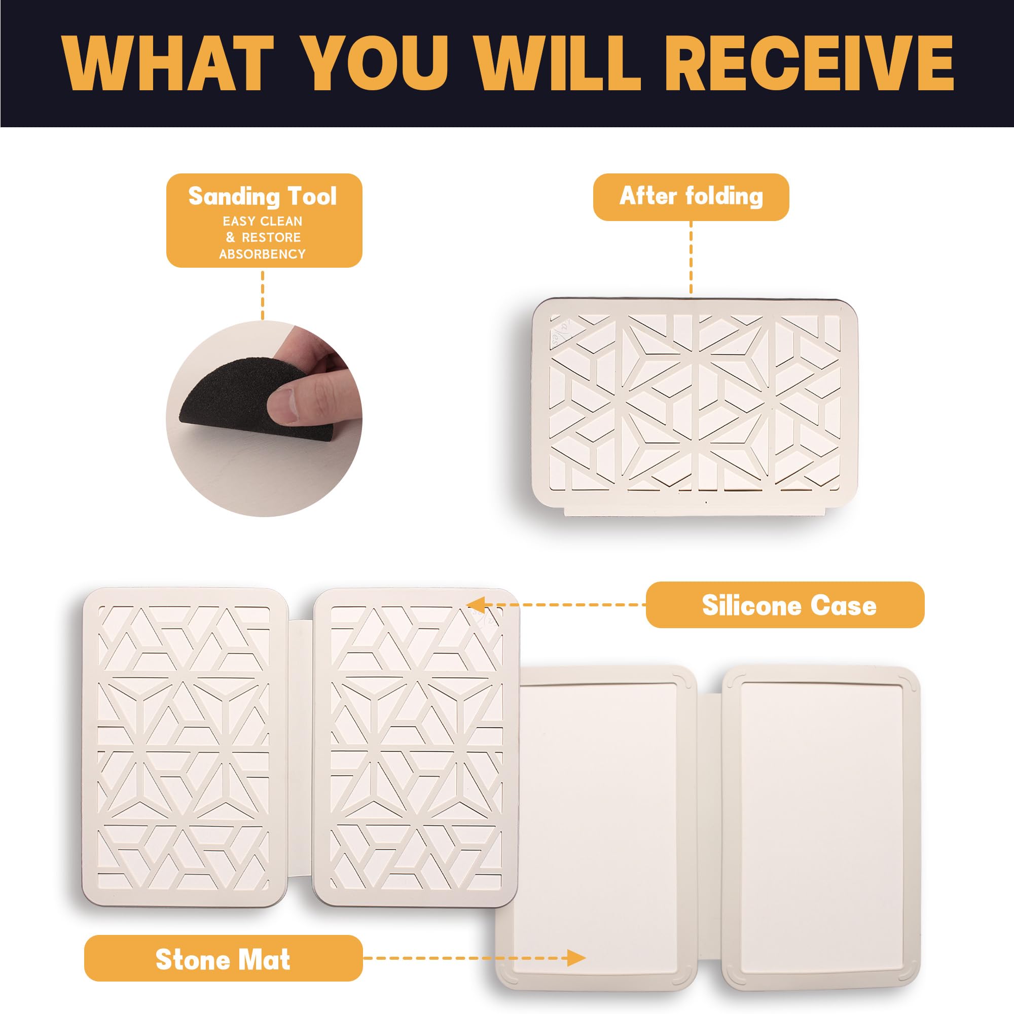 FaRest Stone Dish Drying Mat, Quick-Drying Foldable Kitchen Pad with Silicone Webbing, Beige