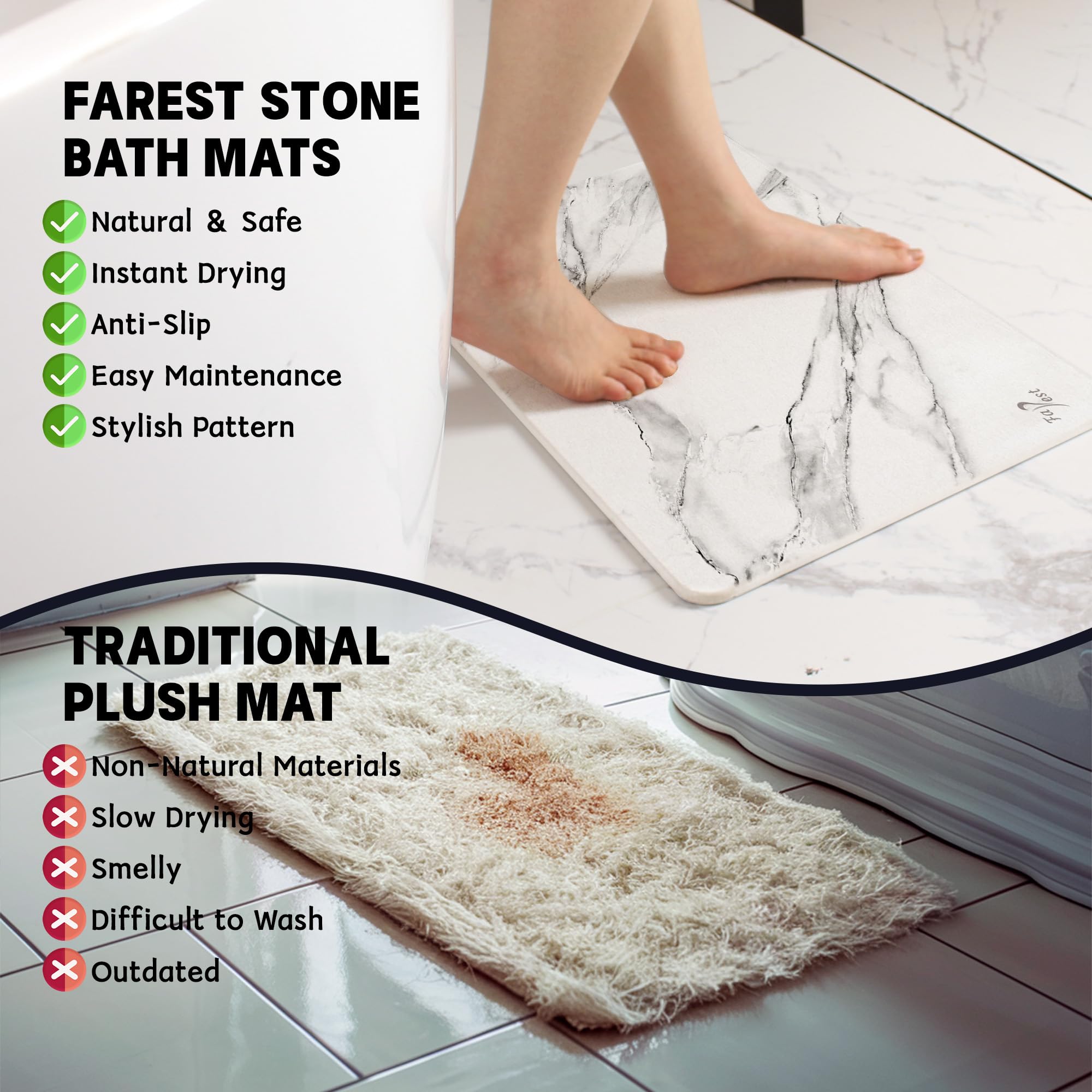 FaRest Stone Bath Mat, Diatomaceous Earth Fast-Drying Absorbent Bathroom Mat, White Marble, 2 Pack