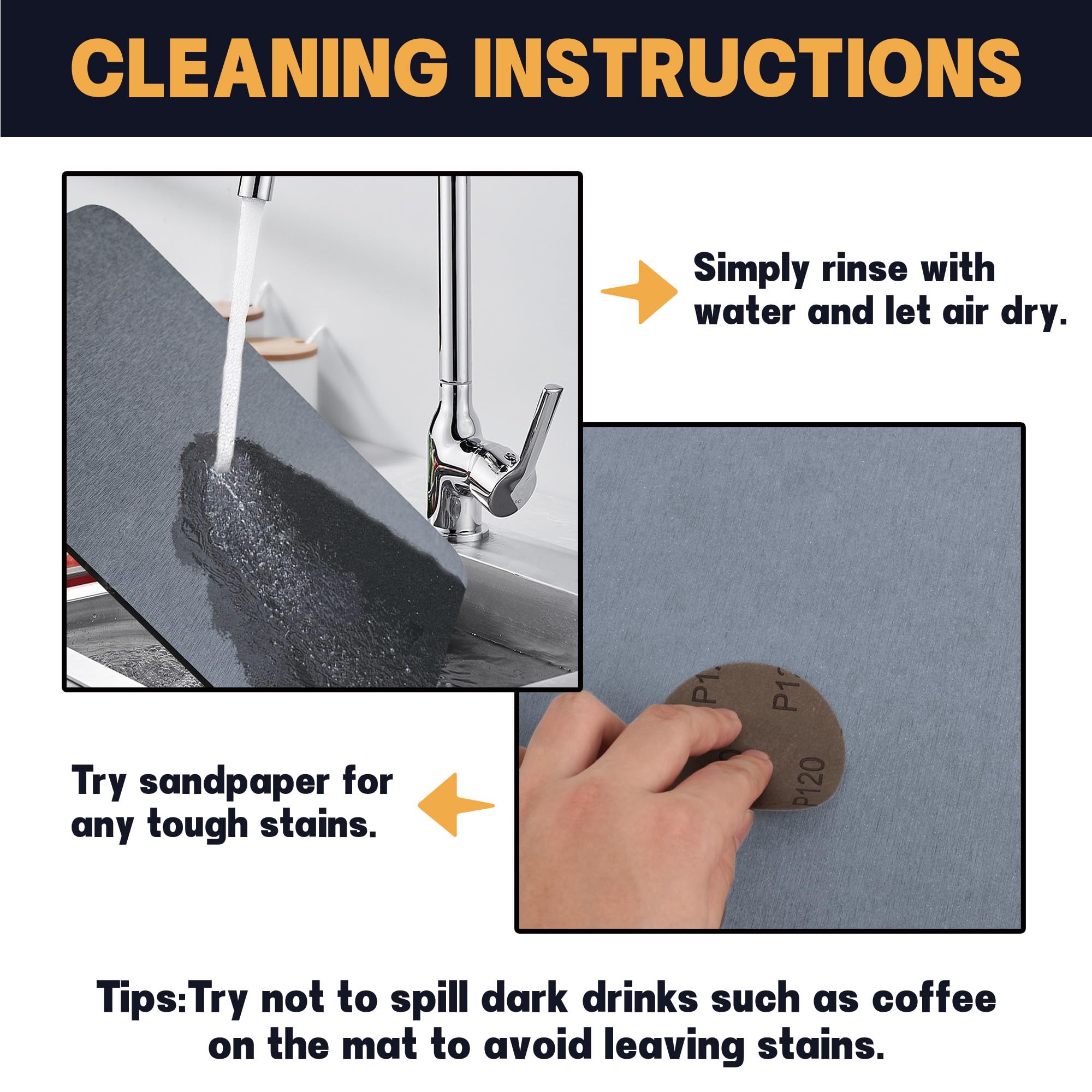 Farest Stone Dish Drying Mat, Quick Drying Foldable Kitchen Pad with Silicone Webbing,Grey