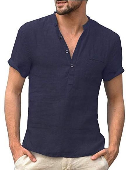 Men's Cotton Linen Solid Color Breathable Short Sleeves Stand Collar Henley Shirt
