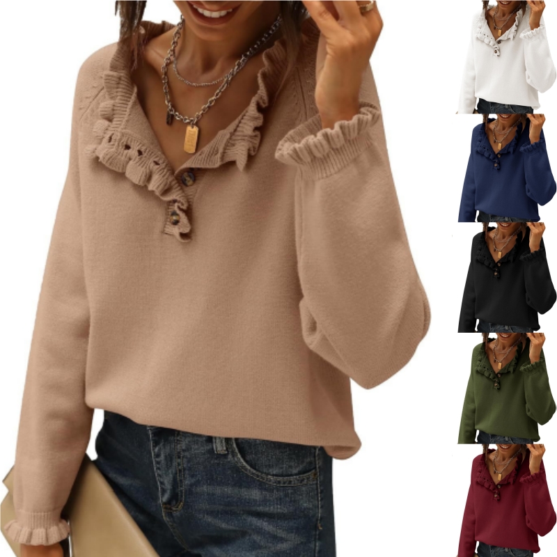 Ruffle Trim Casual Knit Pullover Tops