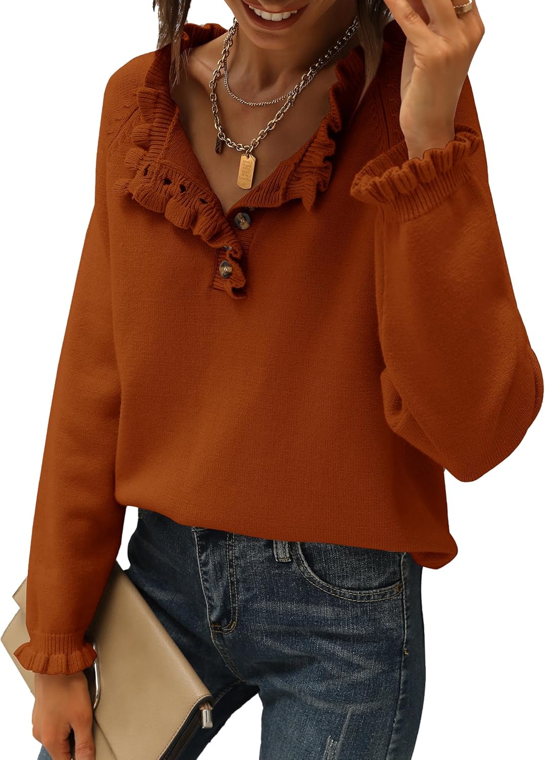 Ruffle Trim Casual Knit Pullover Tops