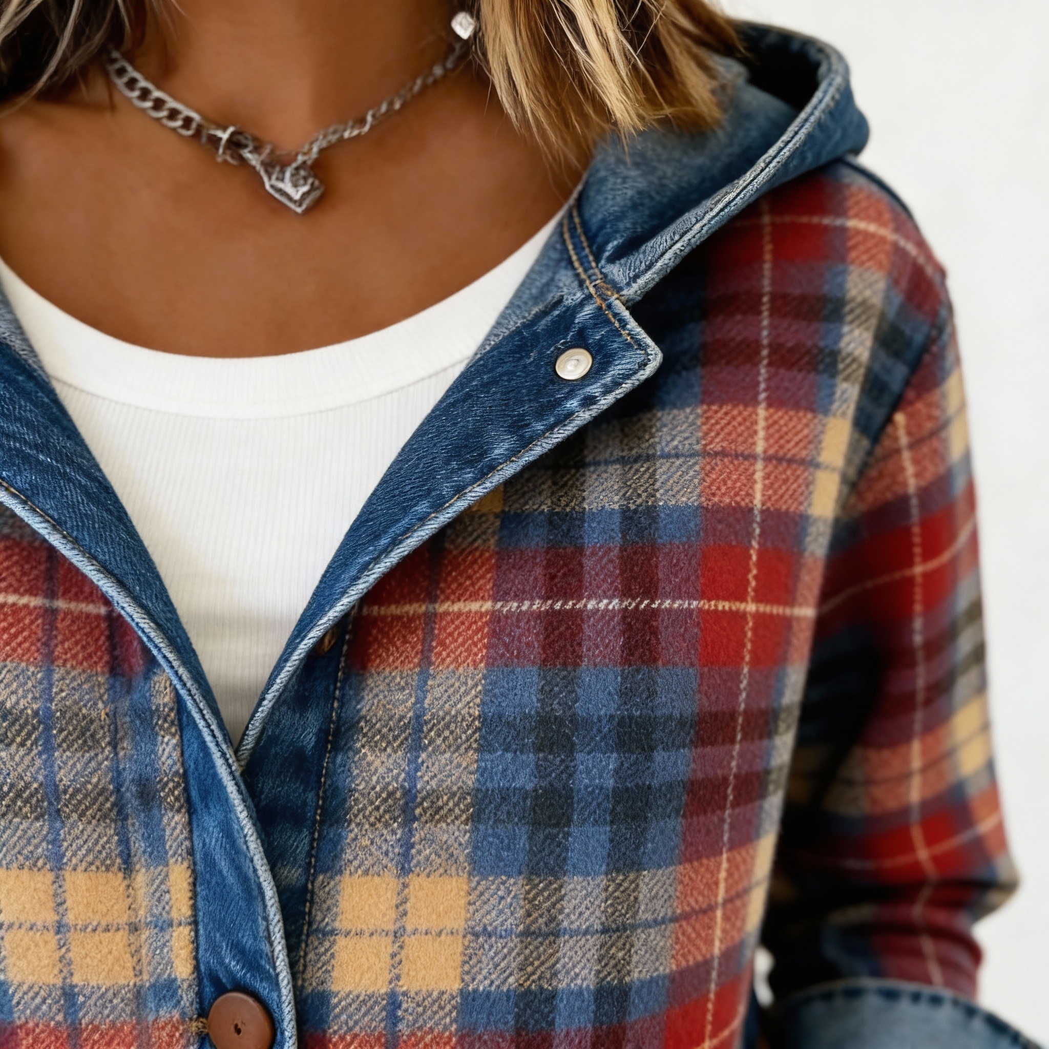 Plaid Denim Hoodie - Versatile Styling
