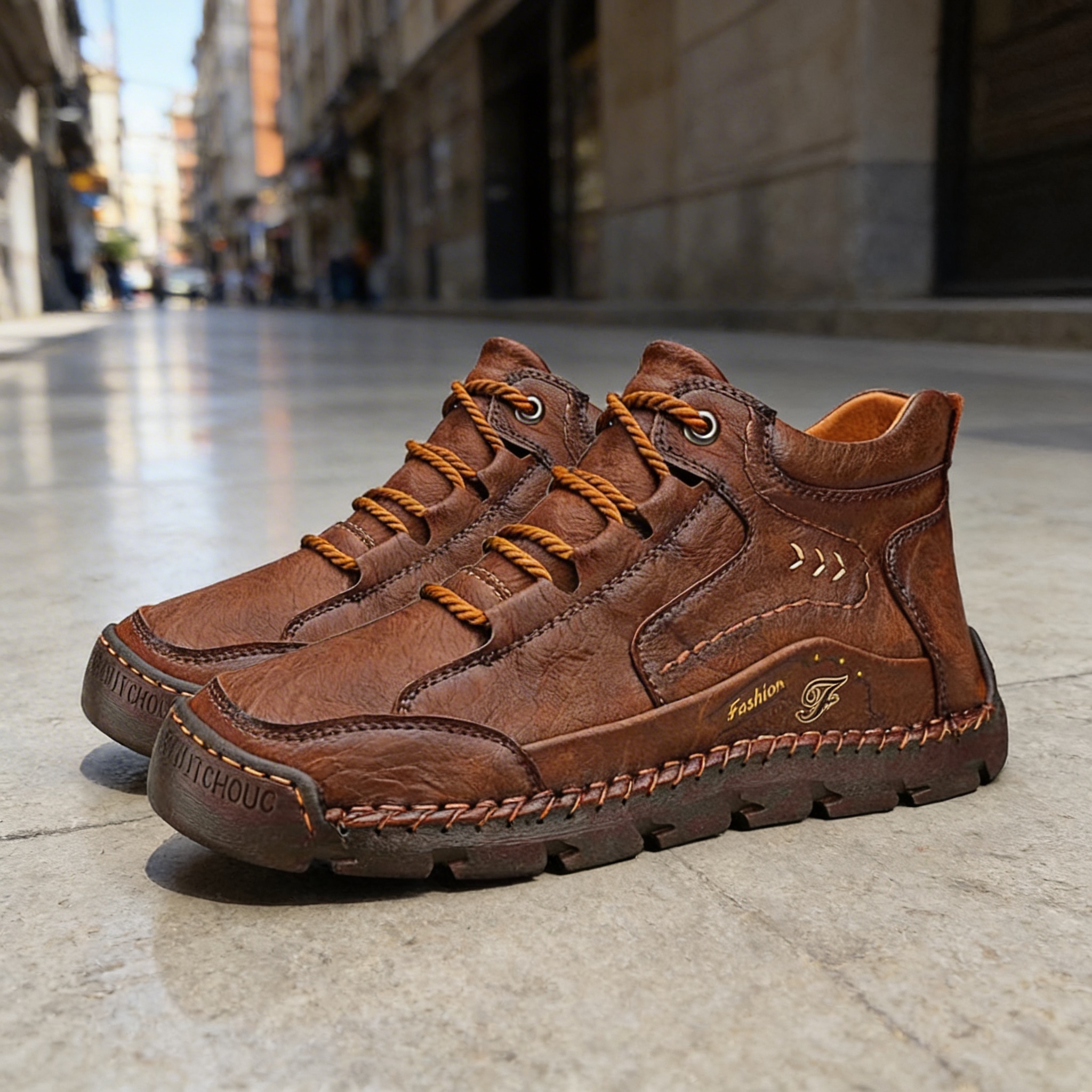 Model wearing shoes in a business casual setting