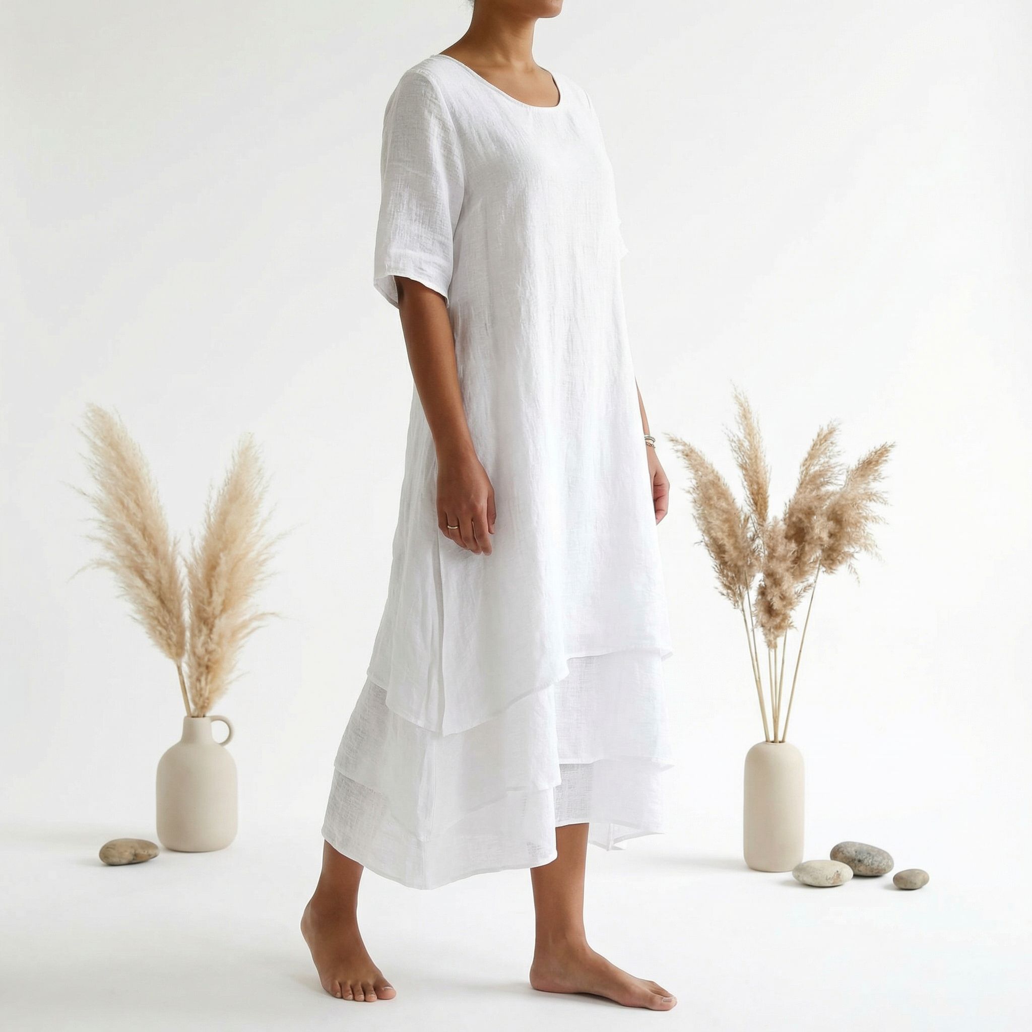 Model wearing premium linen blend dress