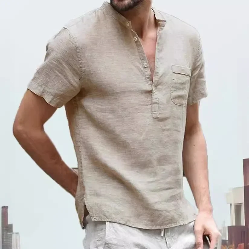Men's Cotton Linen Solid Color Breathable Short Sleeves Stand Collar Henley Shirt