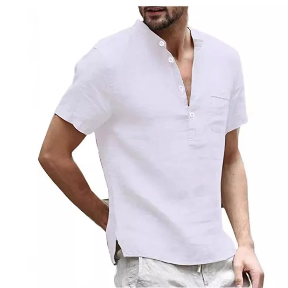 Men's Cotton Linen Solid Color Breathable Short Sleeves Stand Collar Henley Shirt