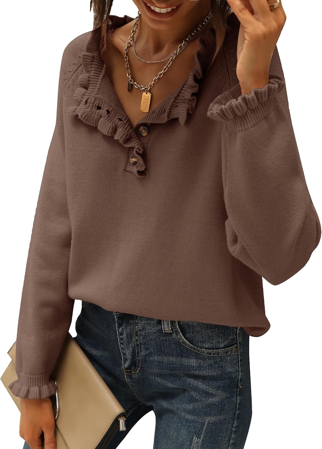 Ruffle Trim Casual Knit Pullover Tops