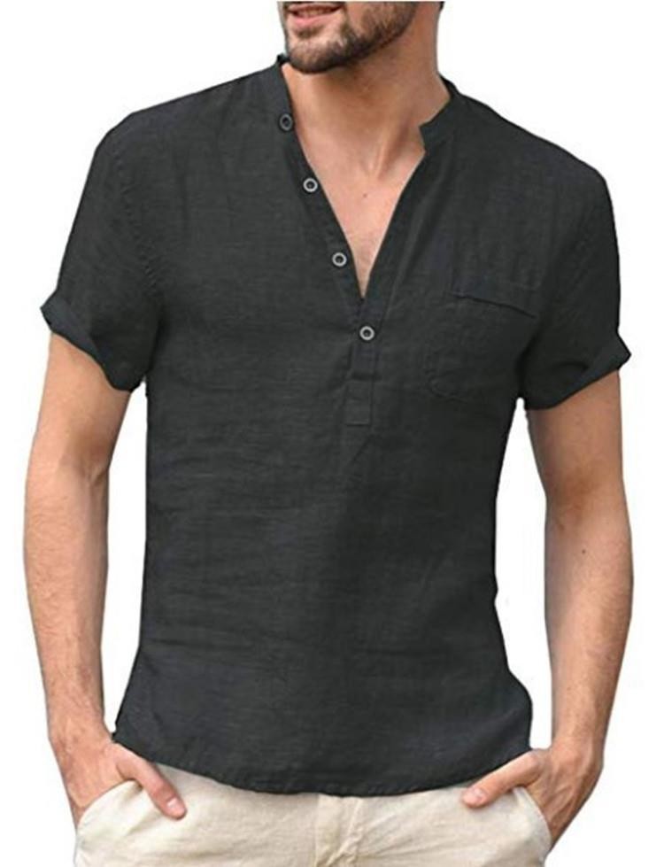 Men's Cotton Linen Solid Color Breathable Short Sleeves Stand Collar Henley Shirt