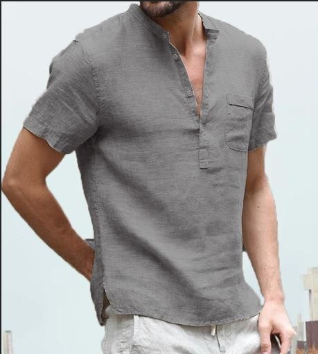 Men's Cotton Linen Solid Color Breathable Short Sleeves Stand Collar Henley Shirt