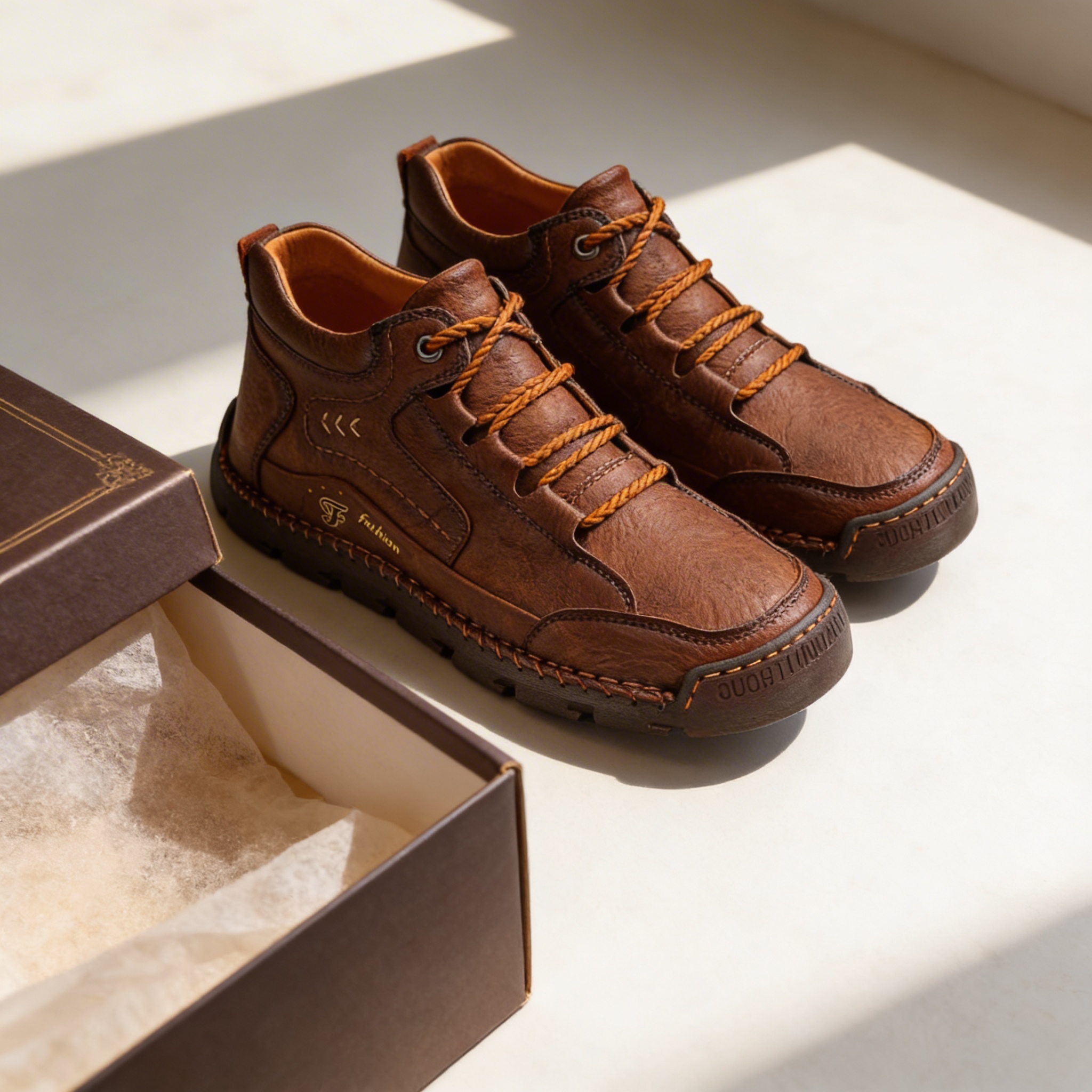 Close-up of shoe's stitching and material quality