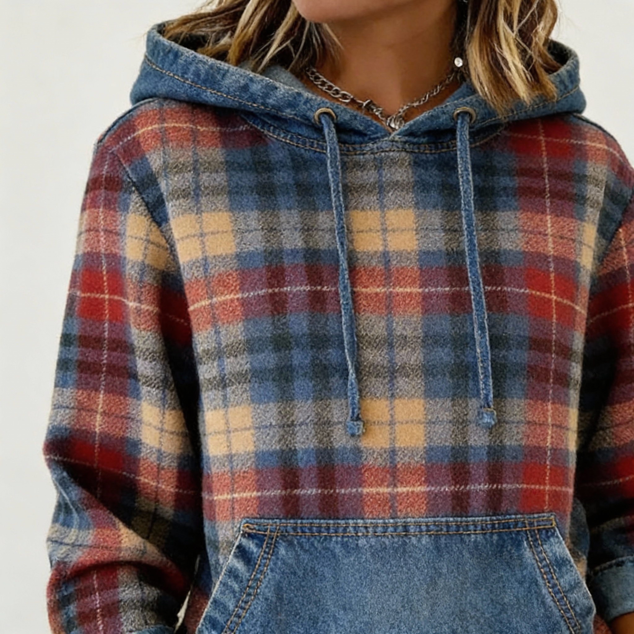 Plaid Denim Hoodie - Back Detail