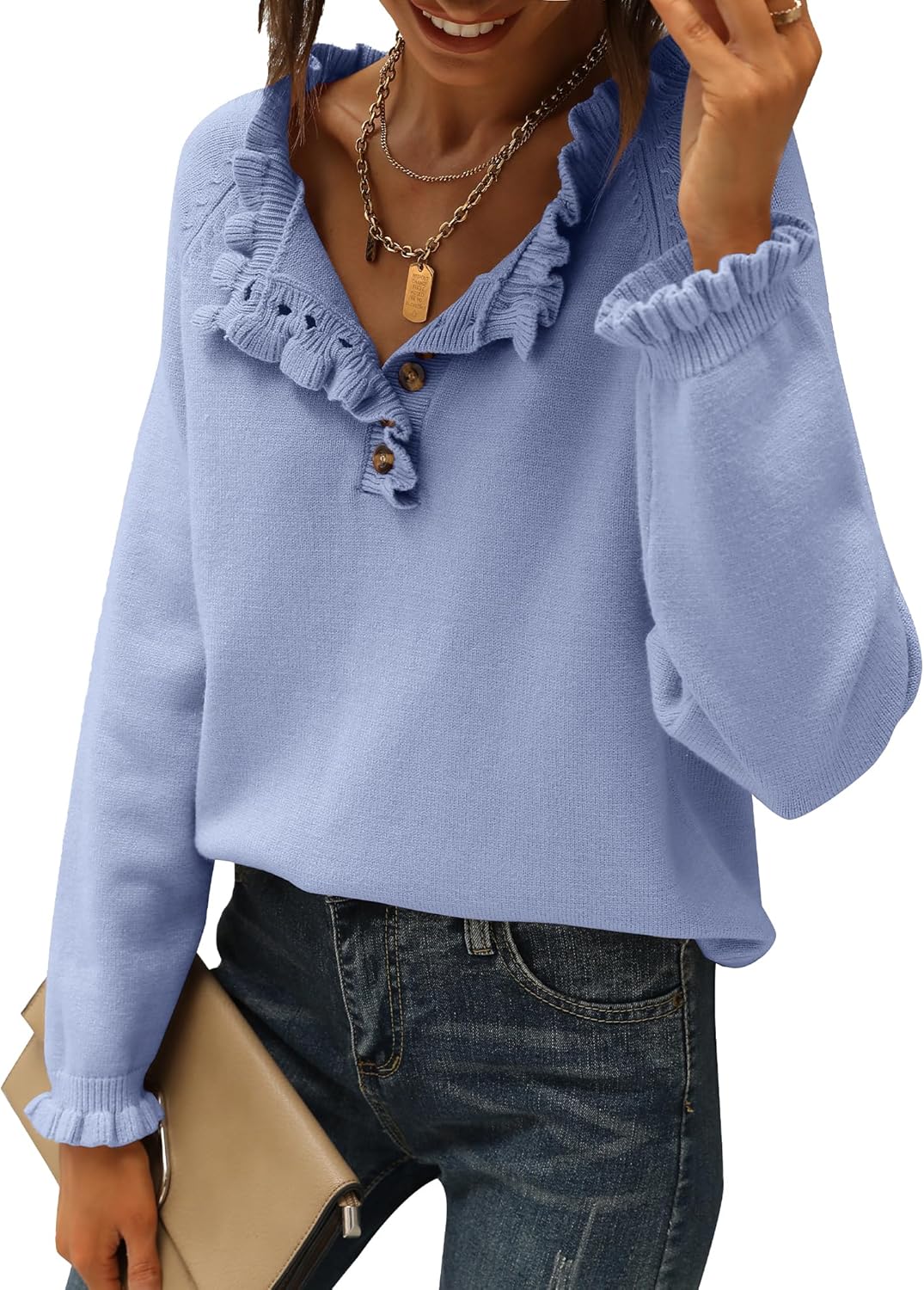 Ruffle Trim Casual Knit Pullover Tops