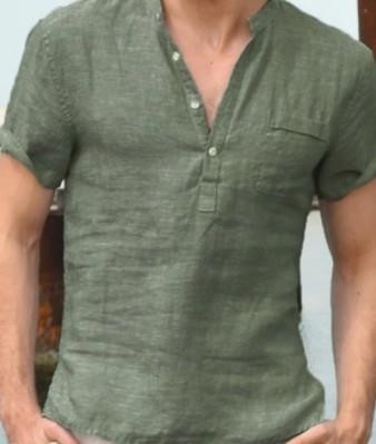 Men's Cotton Linen Solid Color Breathable Short Sleeves Stand Collar Henley Shirt