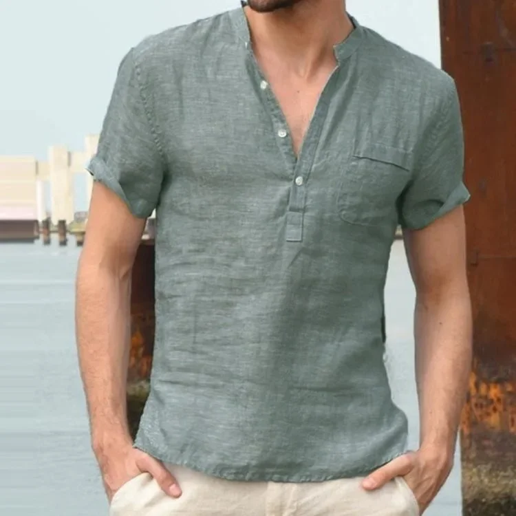 Men's Cotton Linen Solid Color Breathable Short Sleeves Stand Collar Henley Shirt