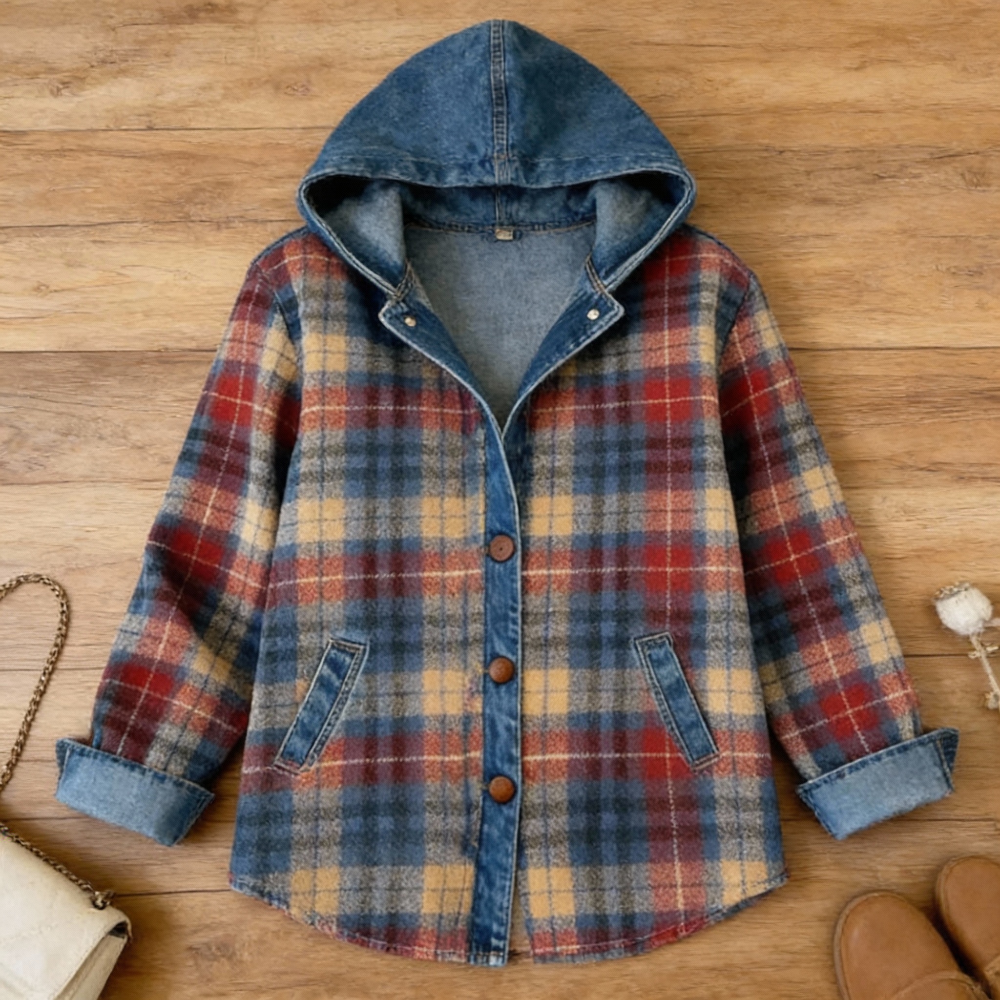 Plaid Denim Hoodie - Thoughtful Details