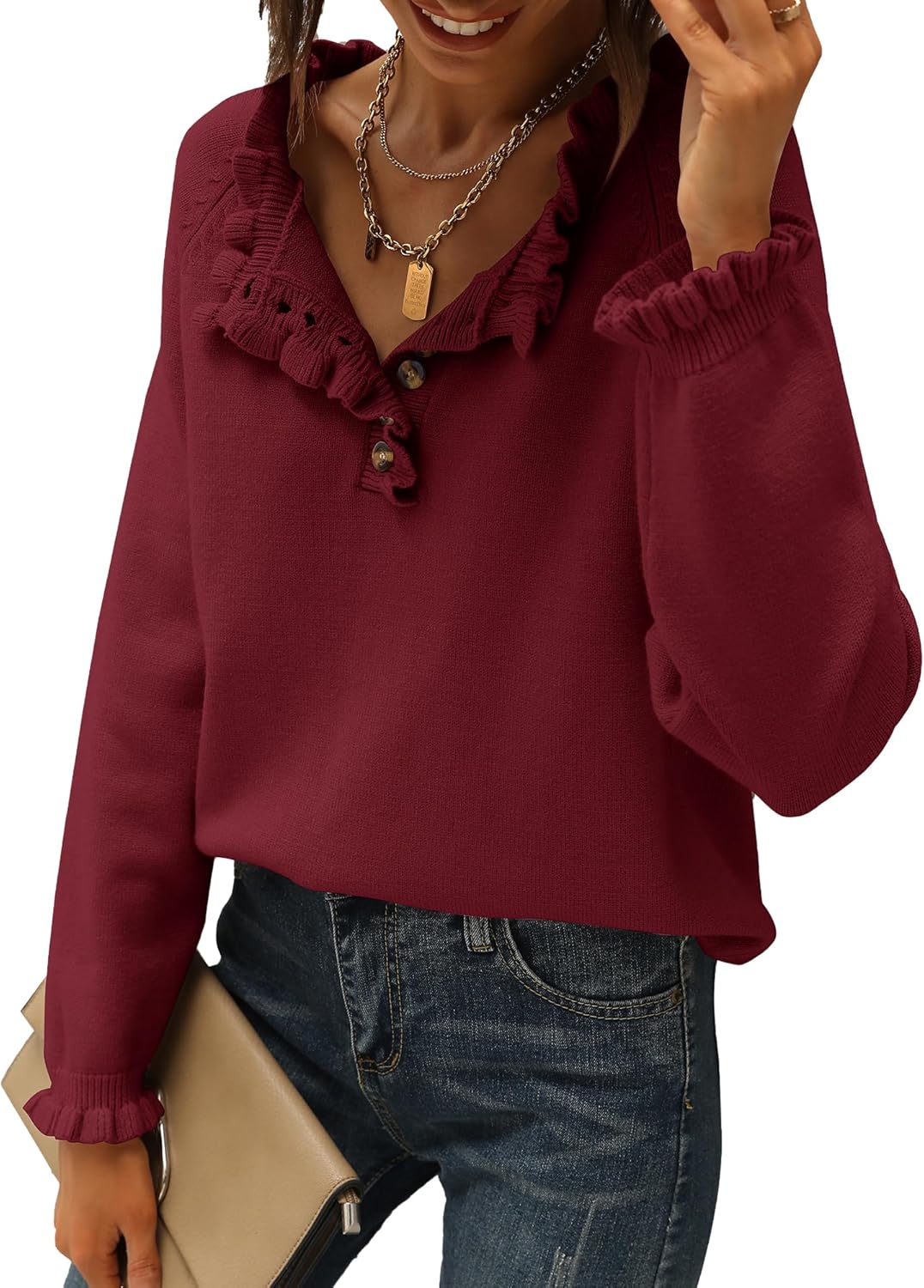 Ruffle Trim Casual Knit Pullover Tops