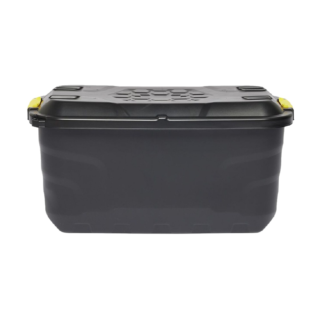 Caja de almacenamiento de plástico resistente con tapa y cierres laterales, contenedor organizador apilable, color negro-agriculture-ehime.space