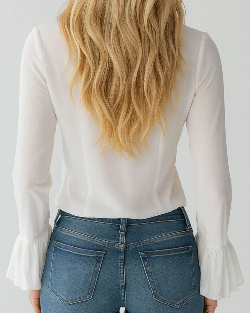 Дамска блуза с волани и ръкави тип камбанка