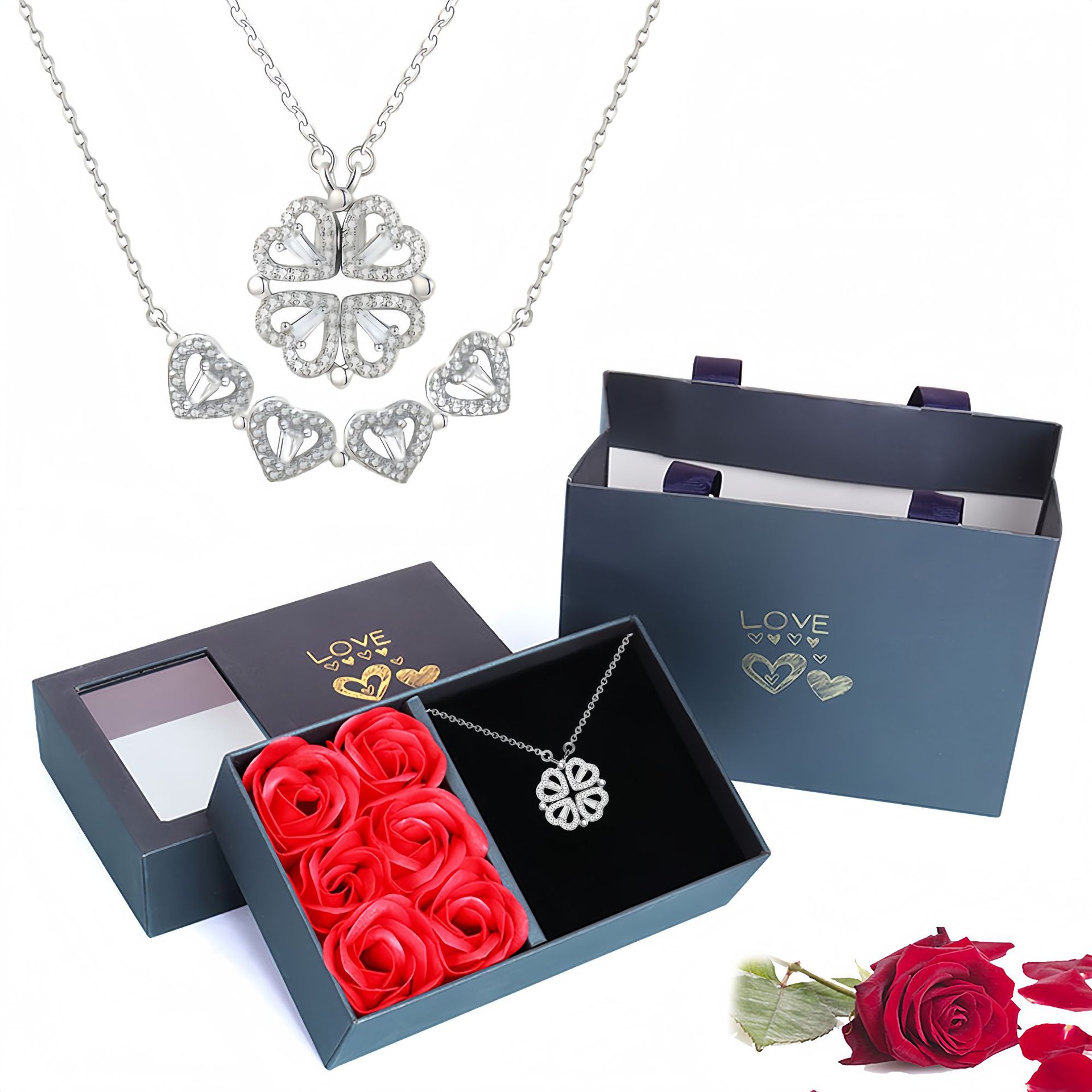 Колие с детелина за късмет и подаръчен комплект за спомен от роза завинаги на дъщерята