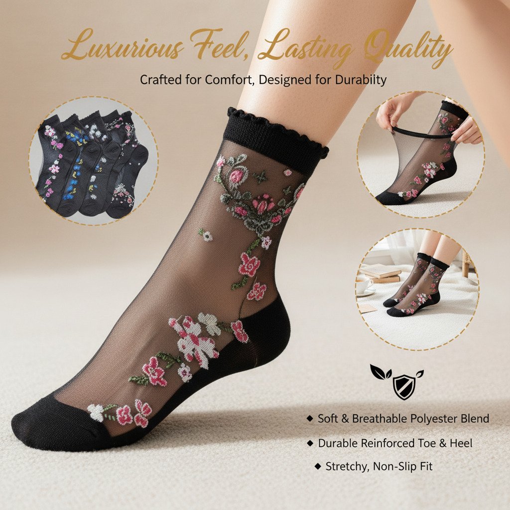 🧦Елегантни прозрачни чорапи до глезена с флорална бродерия