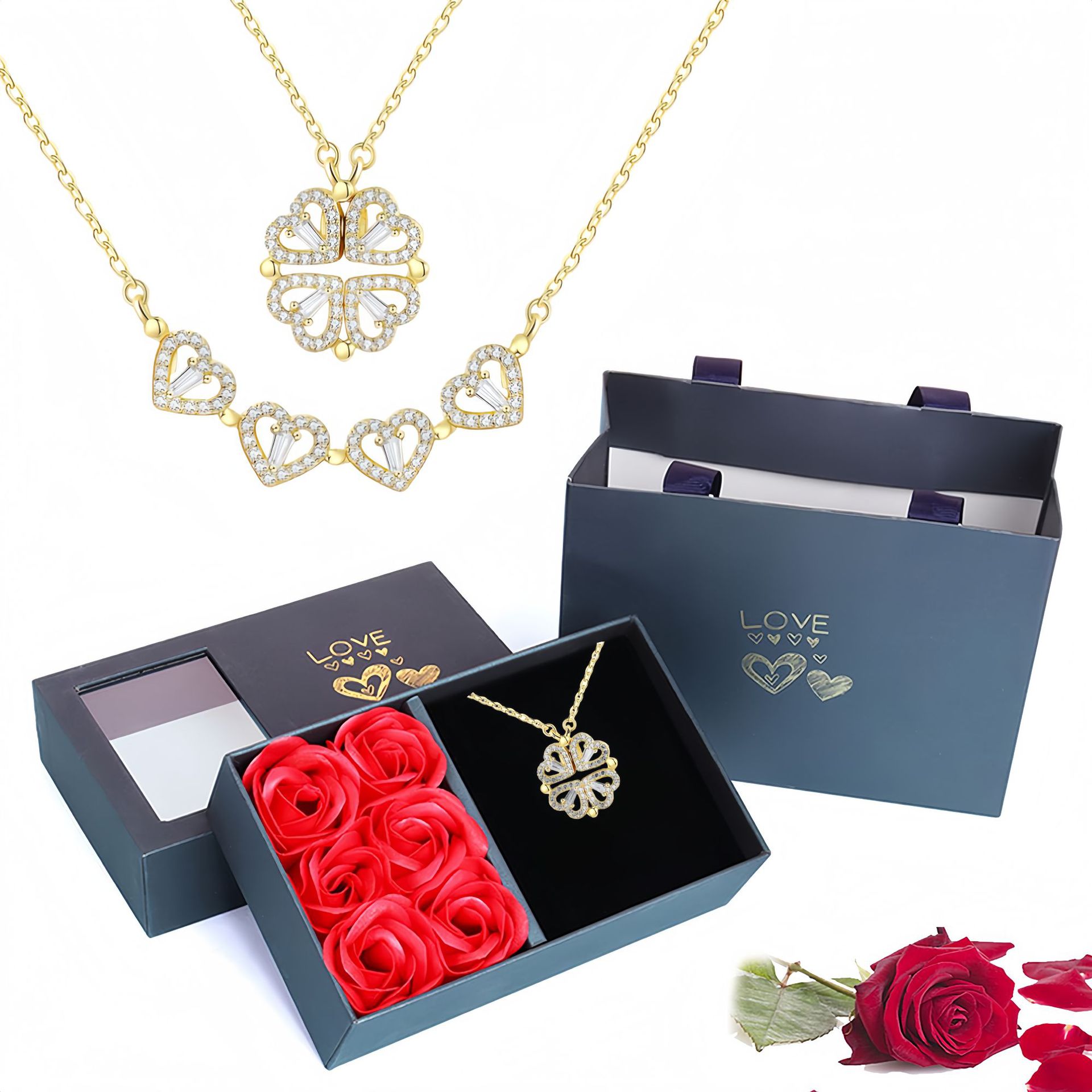 Колие с детелина за късмет и подаръчен комплект за спомен от роза завинаги на дъщерята