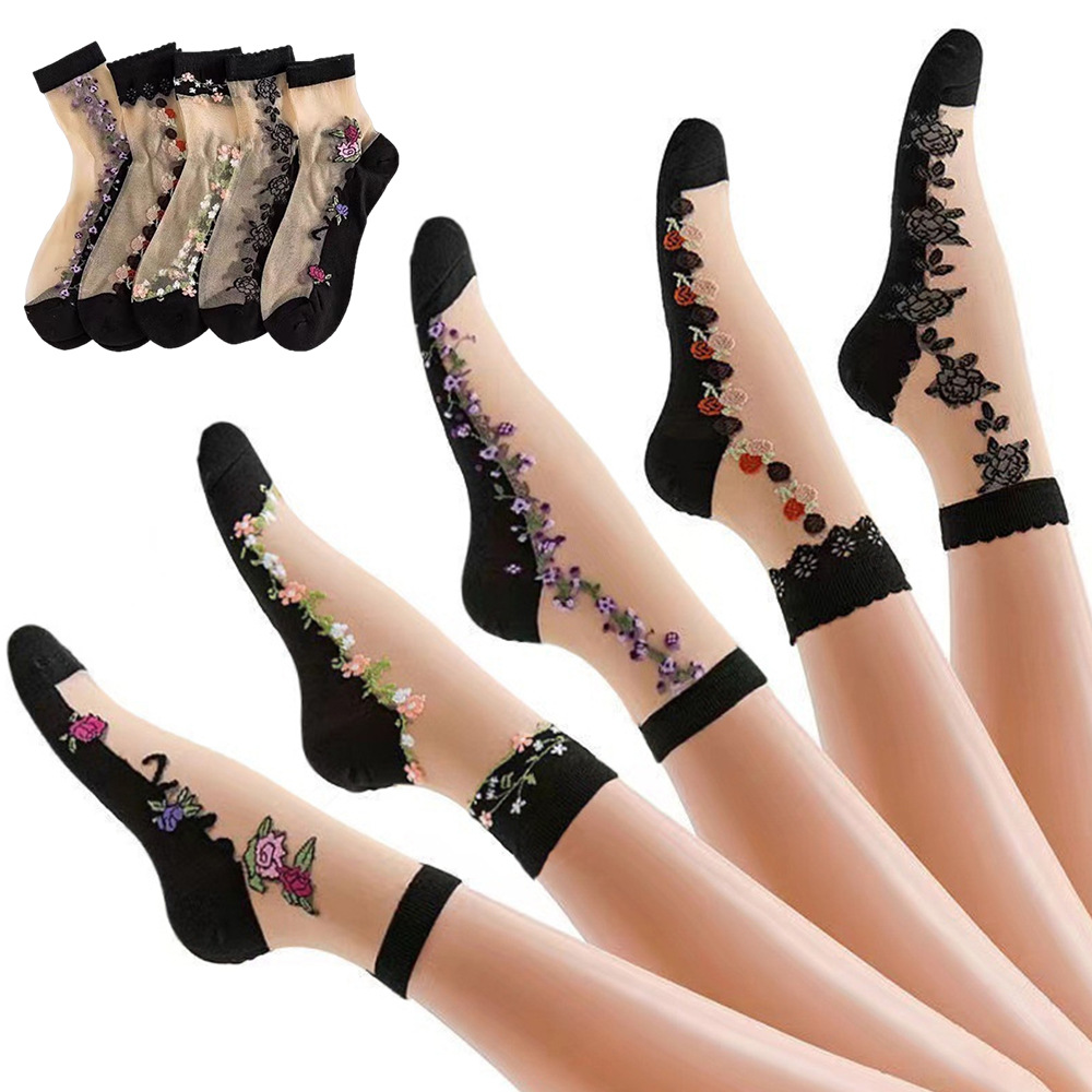🧦Елегантни прозрачни чорапи до глезена с флорална бродерия