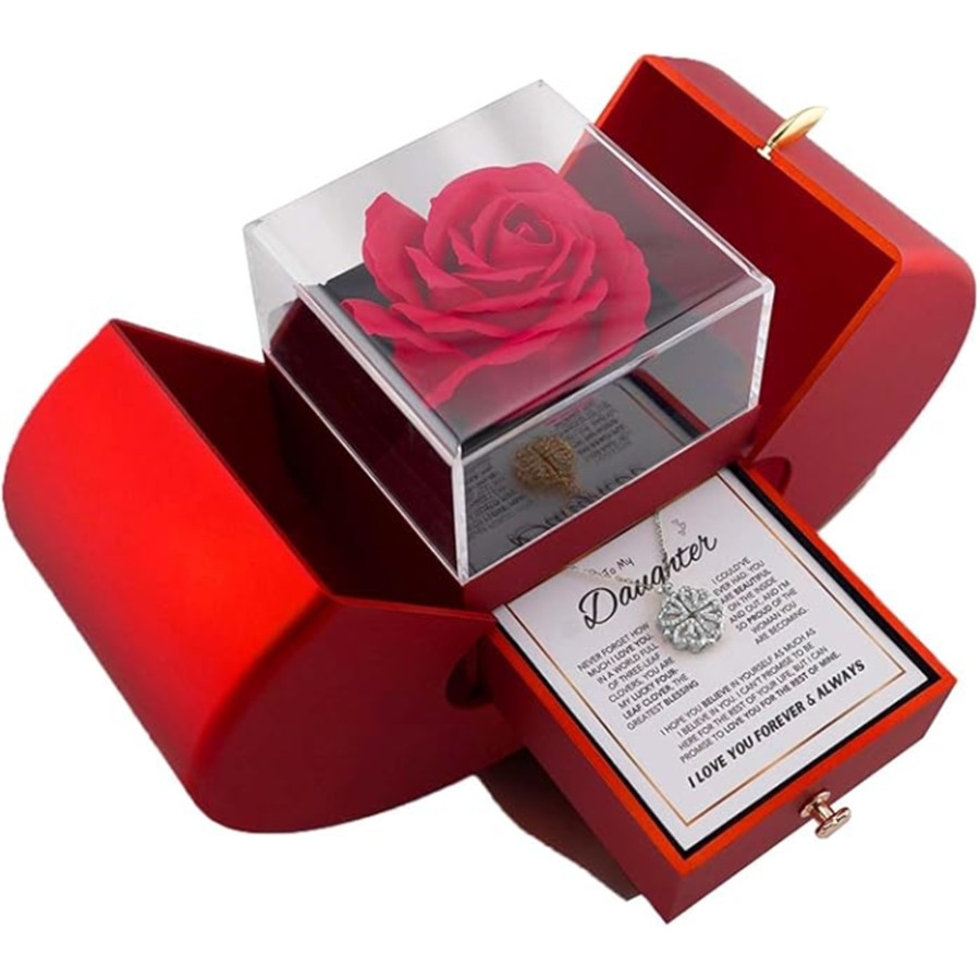 Колие с детелина за късмет и подаръчен комплект за спомен от роза завинаги на дъщерята