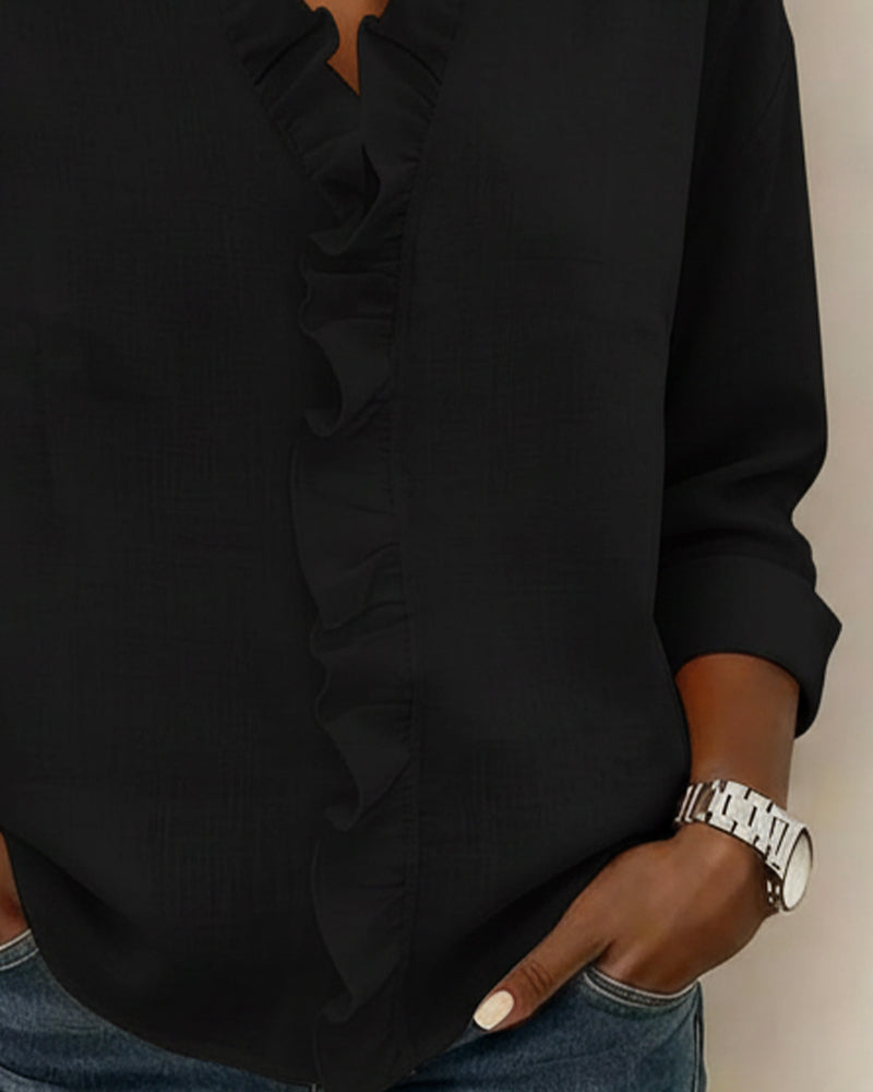 💞Елегантна дамска памучна блуза с волани и V-образно деколте, с дълъг ръкав