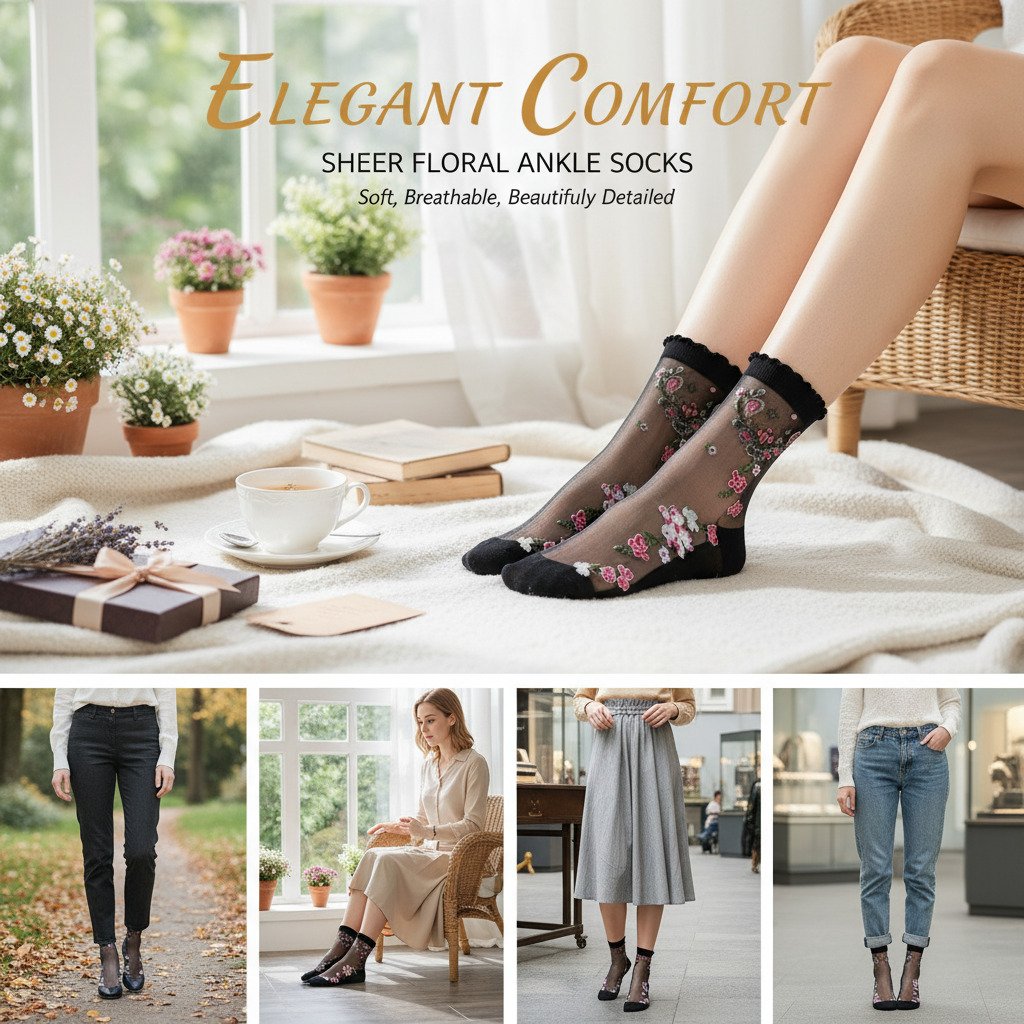 🧦Елегантни прозрачни чорапи до глезена с флорална бродерия