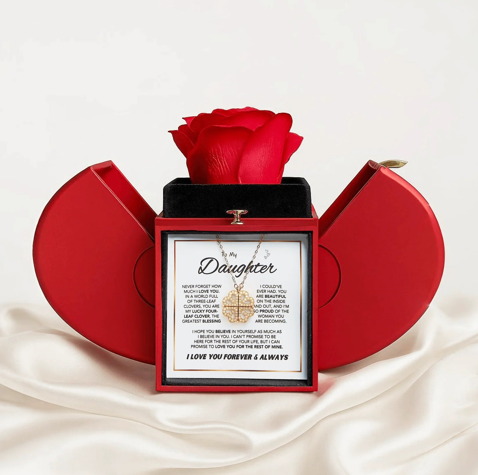 Колие с детелина за късмет и подаръчен комплект за спомен от роза завинаги на дъщерята