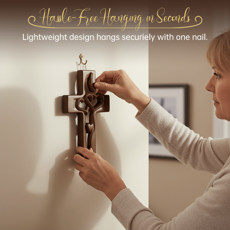 Ръчно издълбан дървен кръст с преплетени сърца